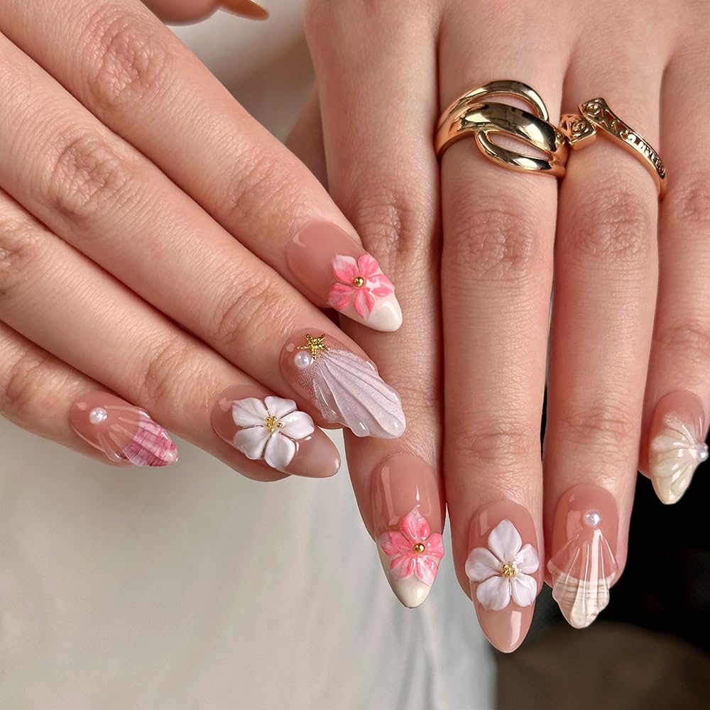 Medium - press on nails Maglfell Luxury Almond 3D False Nails Women Reusable Acrylic Finger Printed Nail Tip French Salon handmade Design Artificial fake nails -M-size