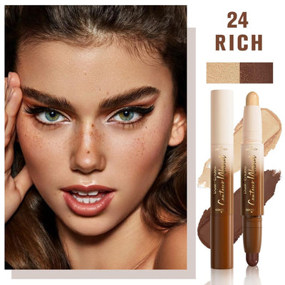 IATMOMOD Dual Ended Contour Stick, Nude Brown + Nude Cream Concealer Highlighter, Waterproof No Transfer Long-Lasting 2-in-1 Face Contour Bronzer Stick for Daily Makeup 24#