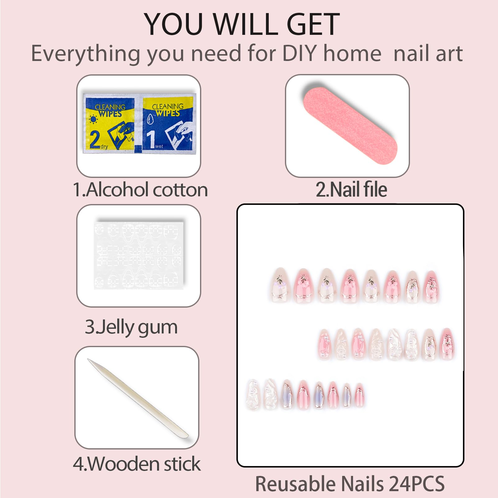 3D Butterfly Press on Nails 24PCS Almond Shaped White French Cute False Nails Full Cover Reusable Artificial Pink Fake Nail Kit Glossy With Pearl Design Acrylic Fake Fingernails For Women Girls