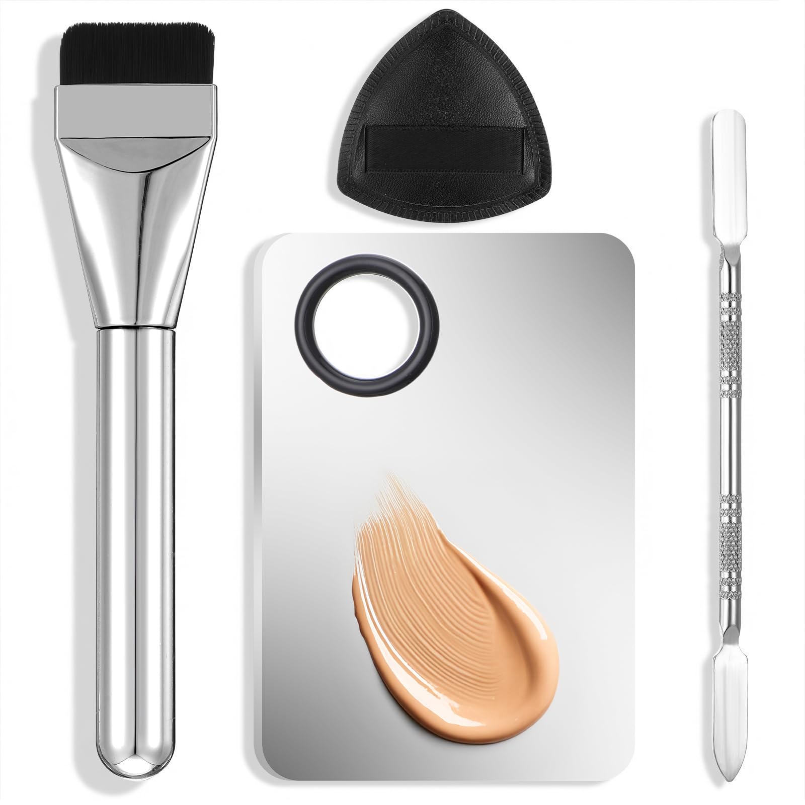 HJZHII 4 Pcs Makeup Foundation Mixing Palette Set, Including Makeup Mixing Palette, Double-Ended Spatula, MakeupPuff, Brush, Professional MakeupMixing PaletteSet Makeups PaletteTray (Stainless Steel)