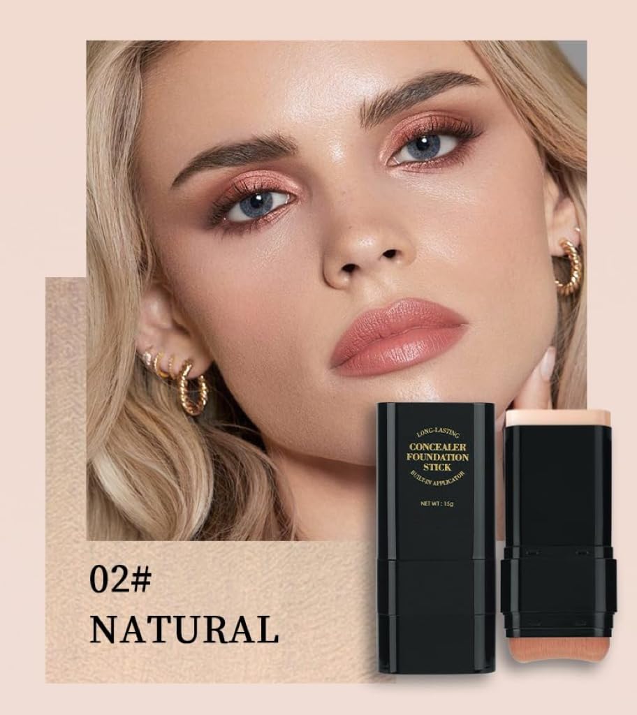 2 In 1 Foundation Stick With Brush【Full Coverage】【Long Lasting】【Lightweight】Concealer Stick, 02 NATURE
