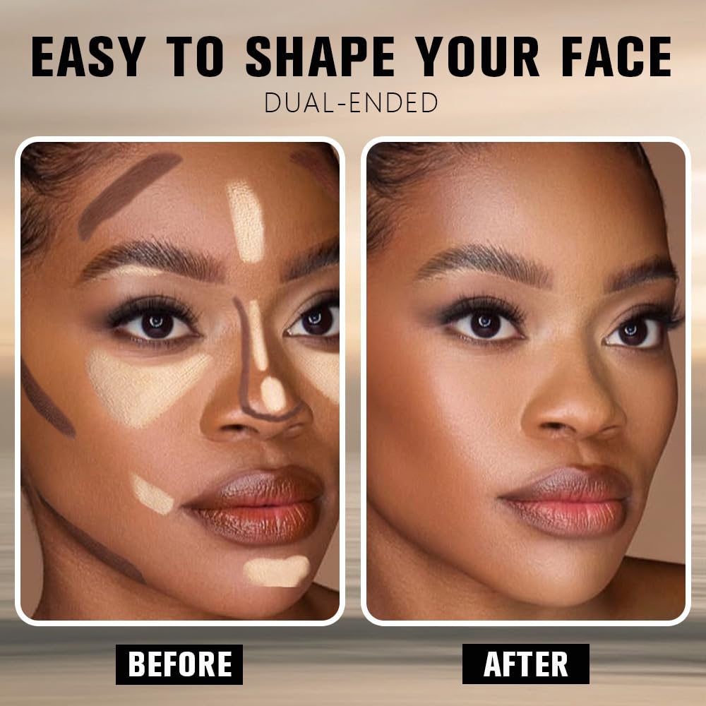 IATMOMOD Dual Ended Contour Stick, Nude Brown + Nude Cream Concealer Highlighter, Waterproof No Transfer Long-Lasting 2-in-1 Face Contour Bronzer Stick for Daily Makeup 24#
