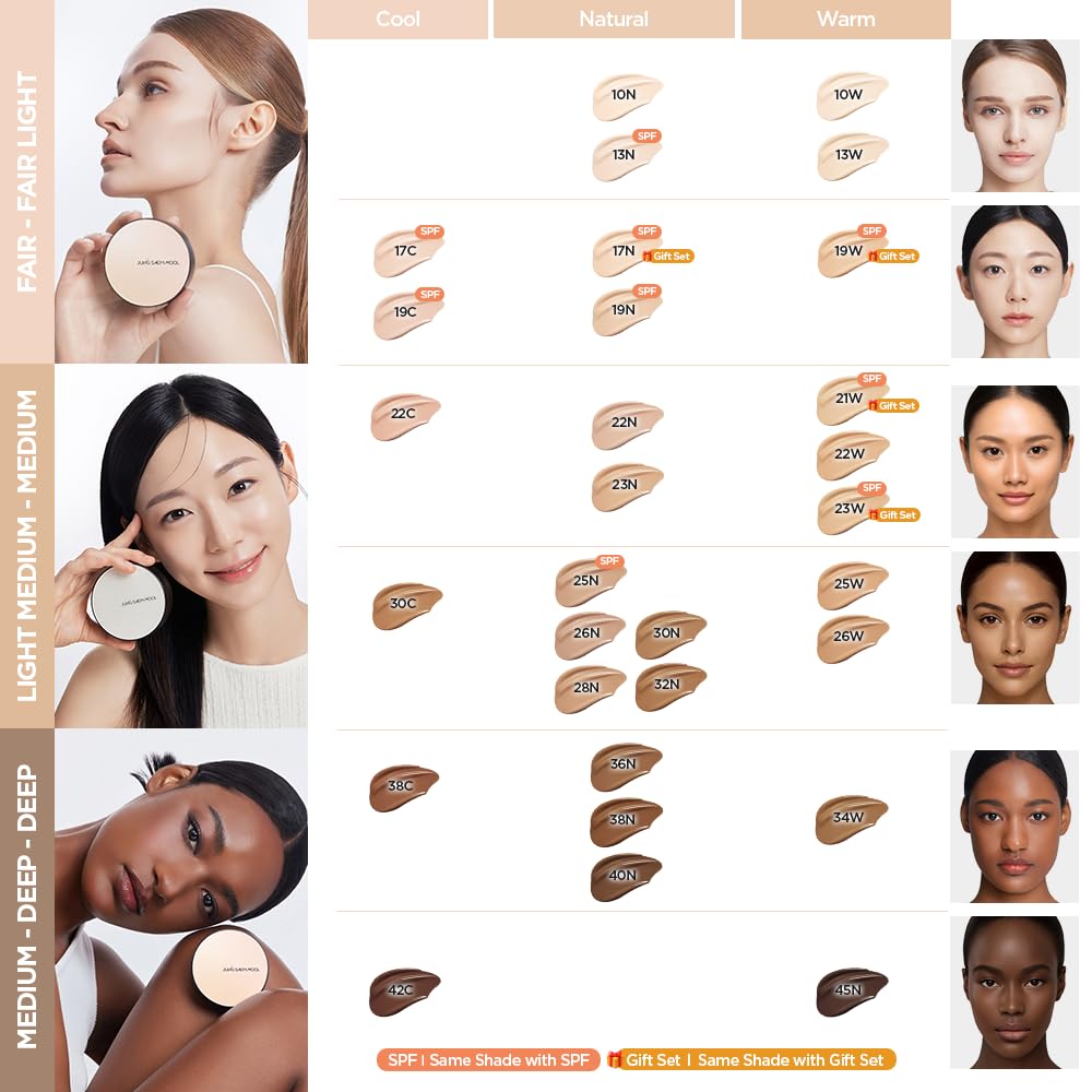 JUNG SAEM MOOL Essential Skin Nuder Cushion | Natural Finish, Buildable Coverage Cushion Foundation by Korean Makeup Artist (Refill Not Included, 0.49 Fl Oz), 21W Medium