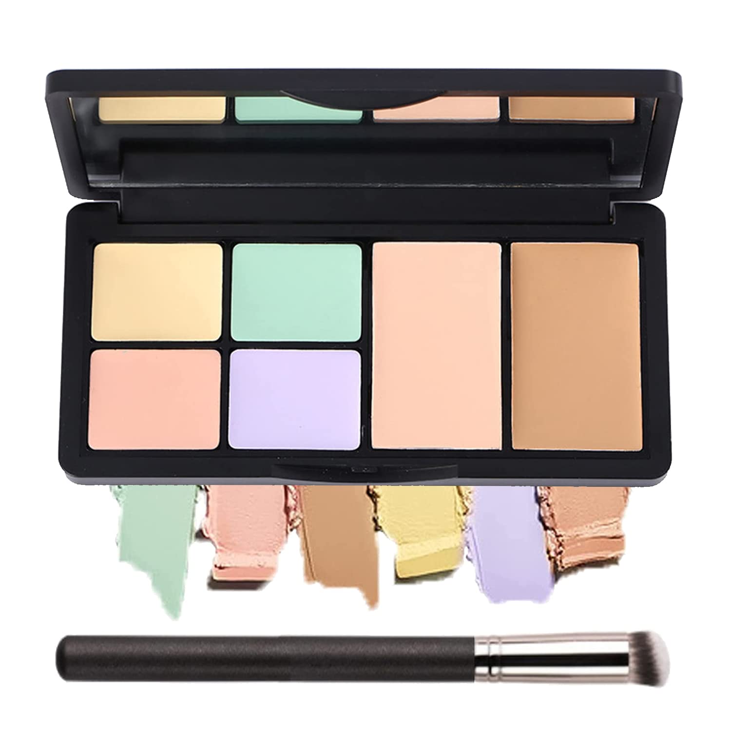 6 Colors Correcting Concealer Palette, Makeup Cream Contour Palette with Brush, Contouring Foundation Highlighting Concealer Palette for Conceals Dark Circles, Redness, Acne, Blemish（A）