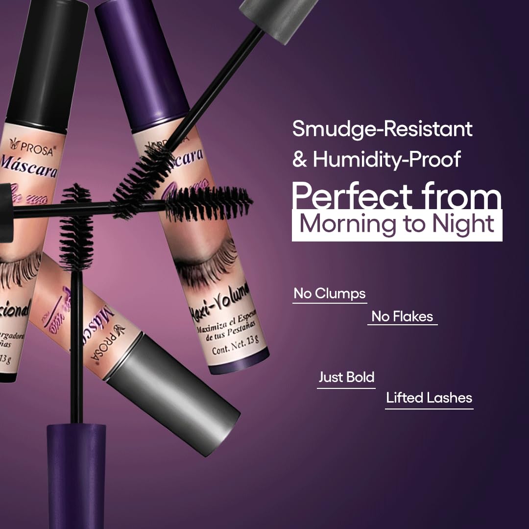 Prosa Mascara Set - Volume & Micro-Fiber - Waterproof Mascaras - Lengthening, Mexican Mascara, Smudge Resistant, Long Lasting, Clump-Free Formula for a Natural, Full Lash Look (3 Pack)