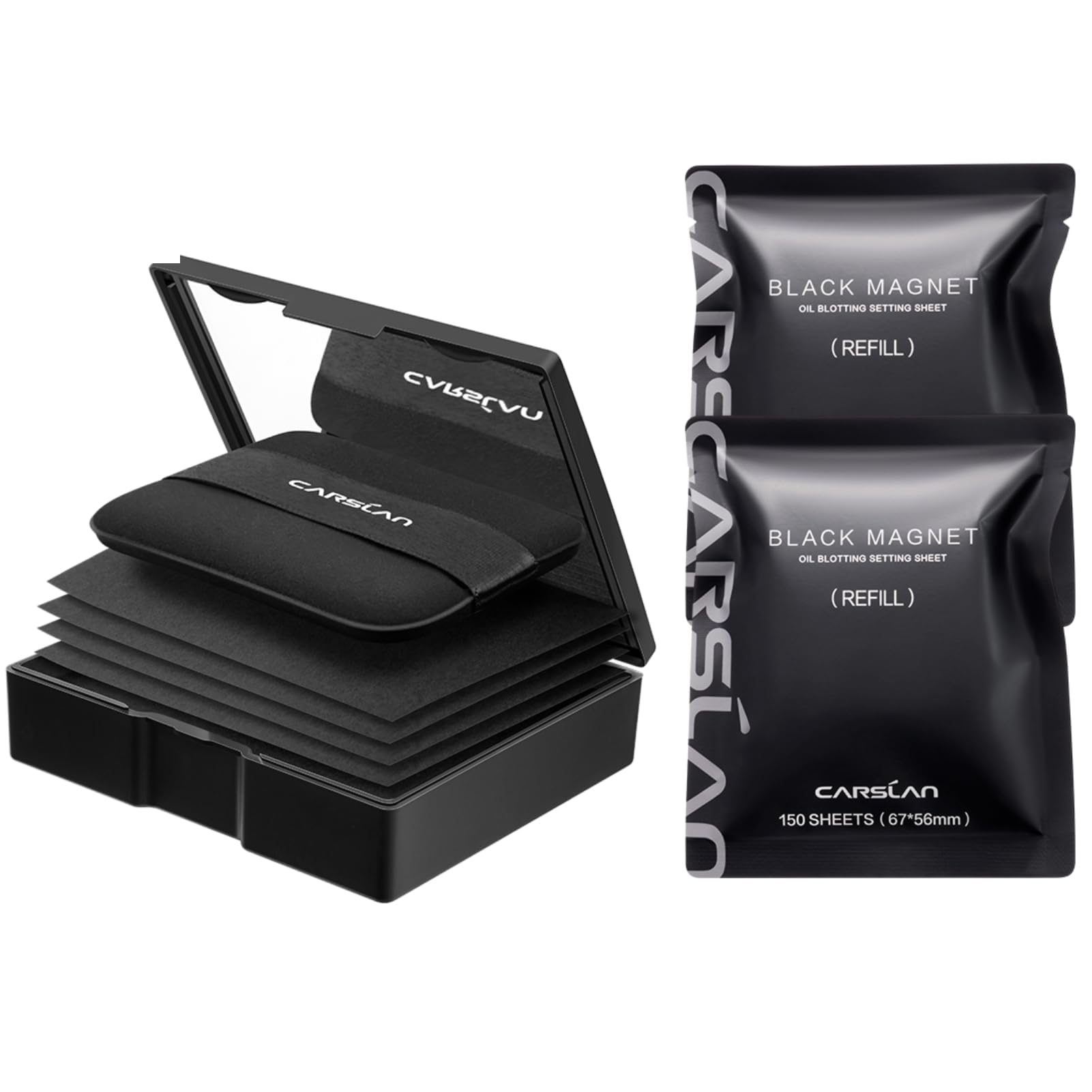 CARSLAN Makeup Blotting Paper with Powder, Black Magnet Blotting Sheet for Oily & Combination Skin, Portable Compact with Puff & Mirror, Keeps Makeup Fresh All Day, 450 Sheets + 8 Refill Adhesive Pads