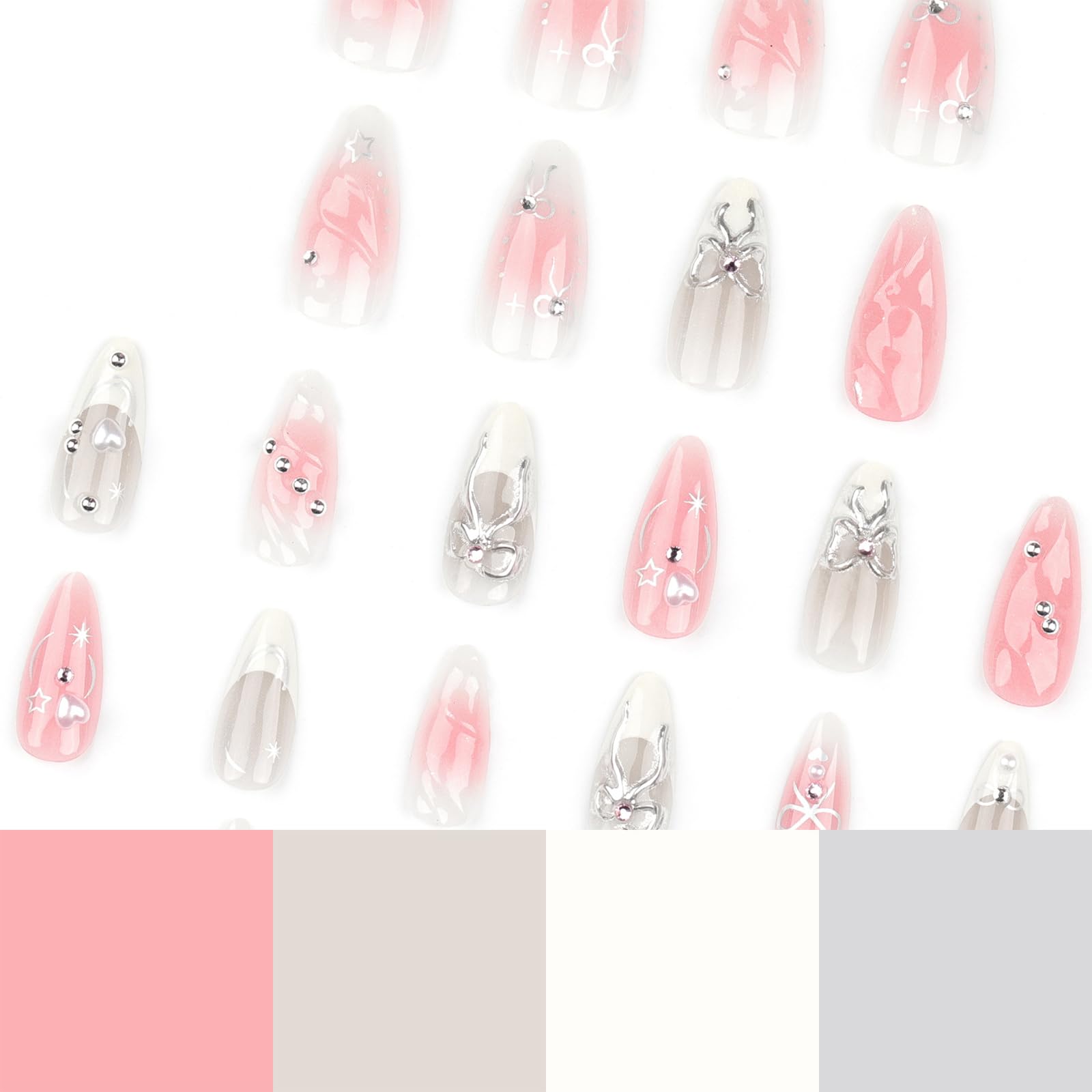LBPEPAMZ Pink Press On Nails Medium Almond Fake Nails with 3D Silver Bow Bead Pearl Designs White Gradient French Tips Acrylic False Nails Heart Full Cover Glossy Stick On Nails for Women 24Pcs