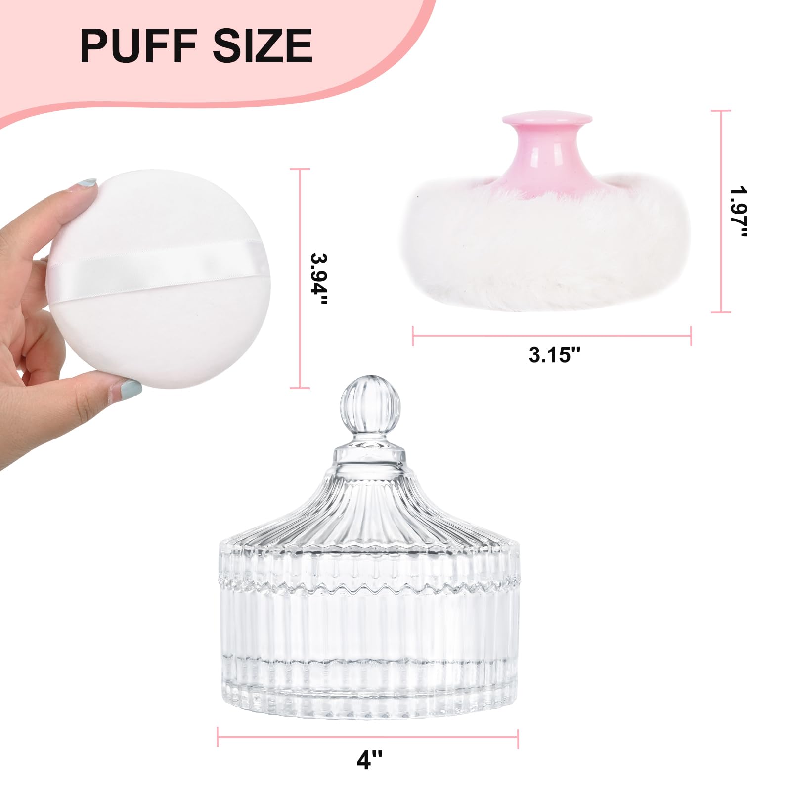 LAKIRA Large Body Powder Puff and Container, 2 Large Powder Puffs, Crystal Powder Container with 3.93" Puff for Baby Women, Dusting Powder Container with Puffs for Women, Bath, Home Use (4″ Pure)