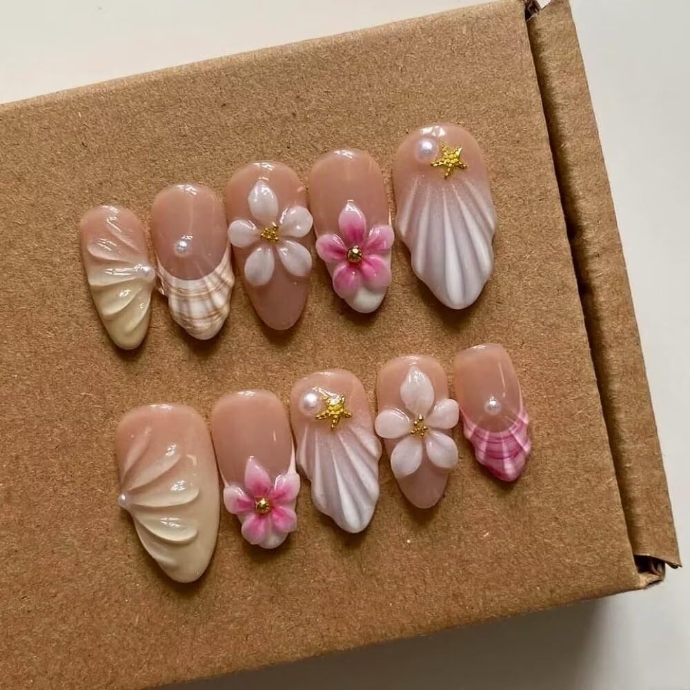Medium - press on nails Maglfell Luxury Almond 3D False Nails Women Reusable Acrylic Finger Printed Nail Tip French Salon handmade Design Artificial fake nails -M-size