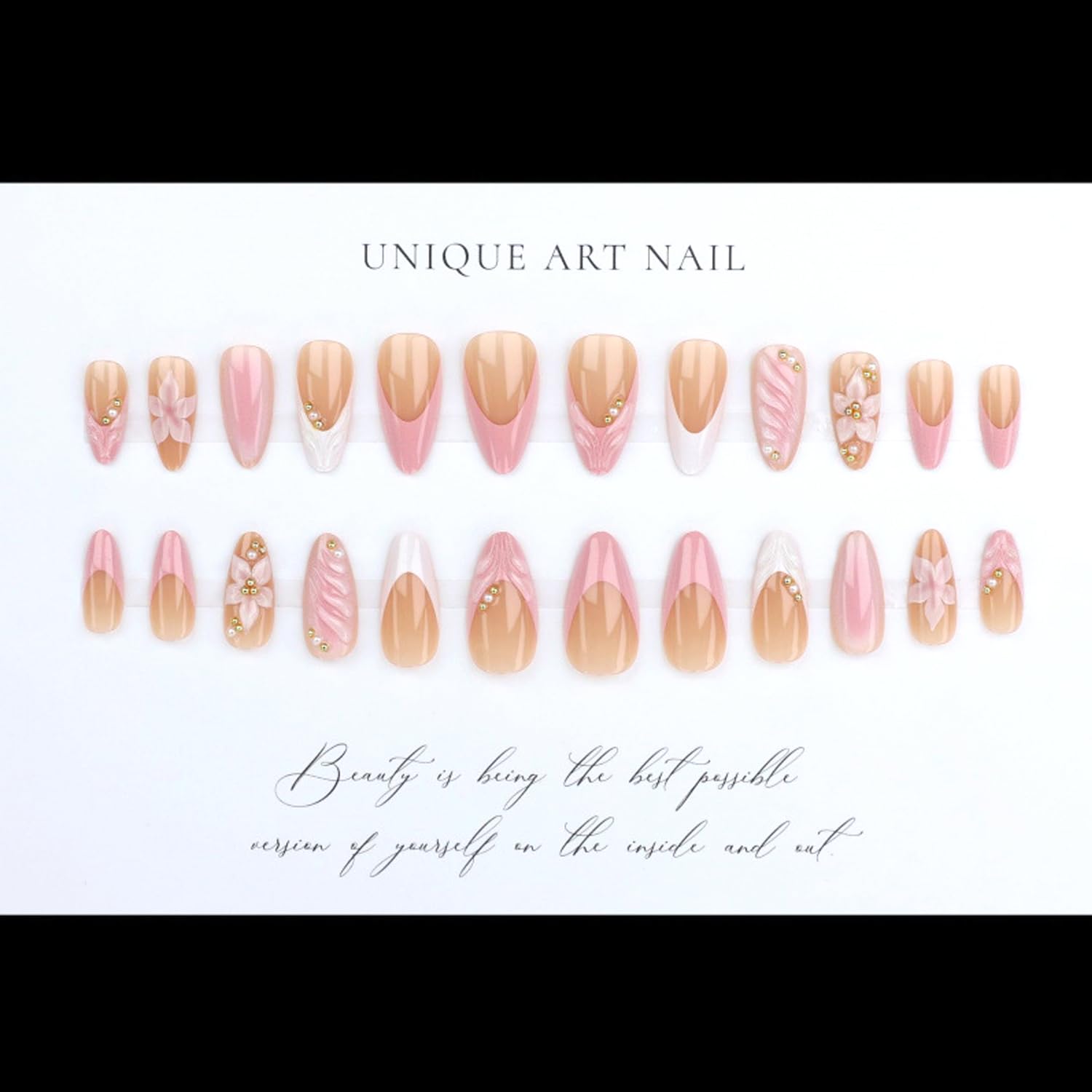 24Pcs Pink Flower Press on Nails Medium Almond French Tip Fake Nails with 3D Gold Beads Pearl Design Cute Flowers False Nail Nude Glossy Full Cover Spring Summer Floral Acrylic Stick on Nail for Women