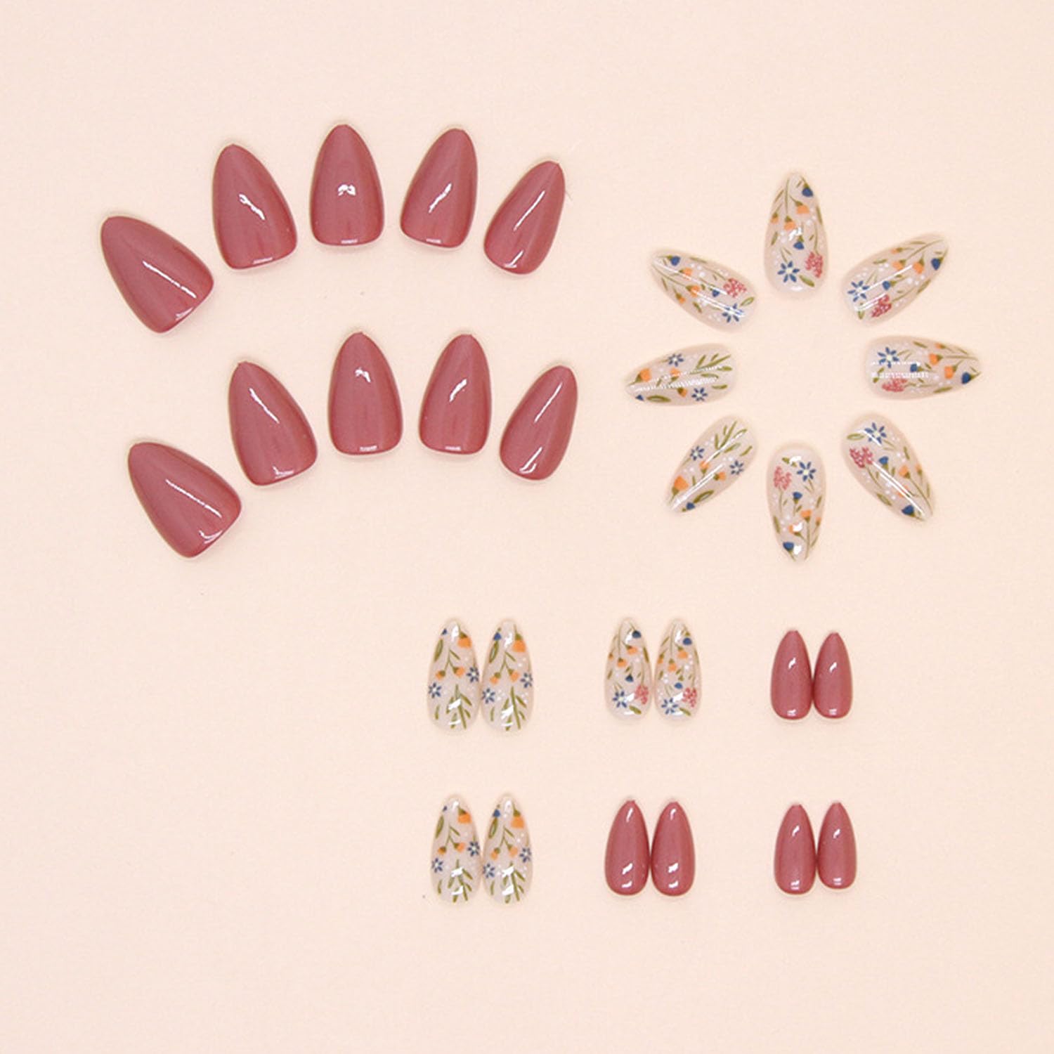 Short Press On Almond Fake Nails - Flower Acrylic Fall Nails Press Ons Full Cover Glue On Cute False Floral Stick On Nails for Women - 30 Pcs