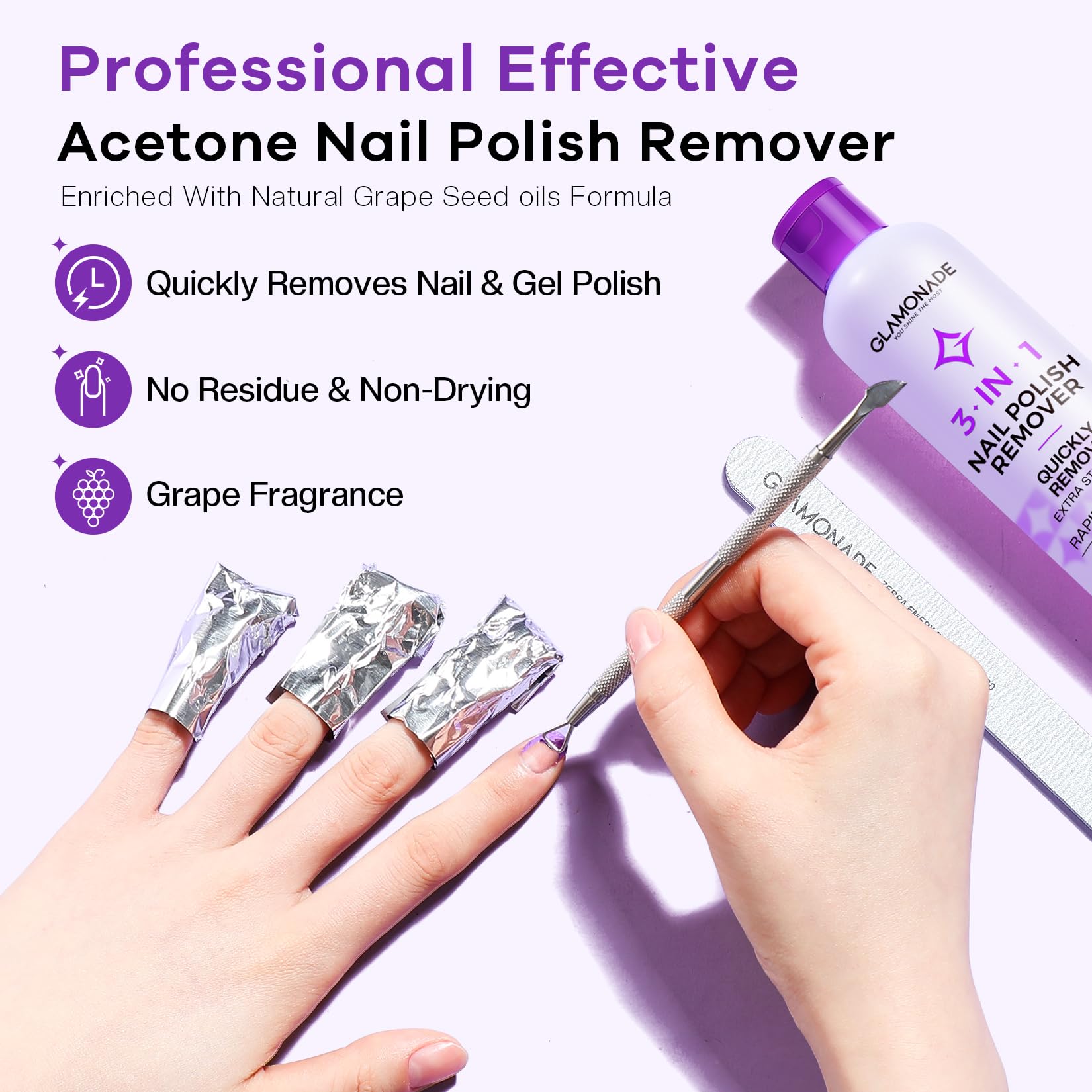 Glamonade Acetone Nail Polish Remover: Professional Gel Polish Remover for Nails - Gel Nail Polish Remover for Removal of Gel/Glue/Artificial nail - with Grape Seed Oil for Gentle Removal(8 Fl Oz)