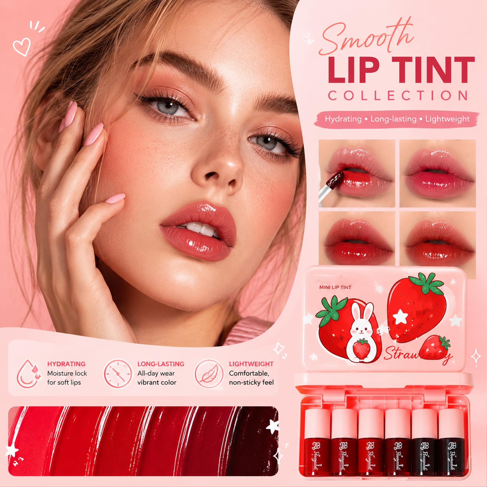 6 Colors Lip Tint Stain Set, Korean Makeup Lip Stain Moisturizing Mini Liquid Lipstick, Multi-use Lip and Cheek Tint, Long lasting Non-Stick Cup Waterproof, Cute Stuff, Lip Color Makeup