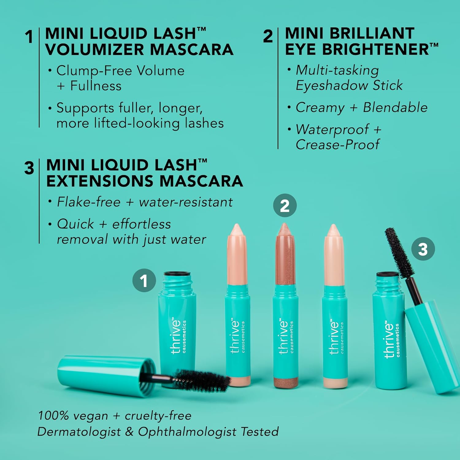 Thrive Causemetics Mini Makeup Essentials, Gift Set for Women, Deluxe Mini Liquid Lash Extensions & Volumizer Mini Mascaras, Brynn (Rich Black), Mini Eye Brightener Highlighter Sticks - 3 Shades