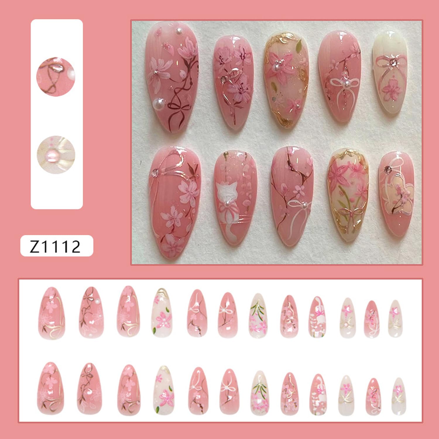 24Pcs Pink Peach Blossom Press on Nails Medium Almond Fake Nail with 3D Pearl Bow Designs Flower False Nails Cute Cat Stick on Nails Almond Shape Acrylic Nails Set for Women Daily Wear