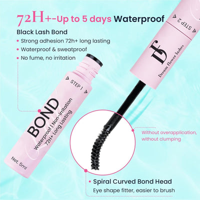 Lash Cluster Glue Waterproof Lashes Bond and Seal 72H+ Long Lasting Eyelash Adhesive for Clusters Strong Hold DIY Eyelashes Extension Bonder & Clear Sealant (5ml+5ml)