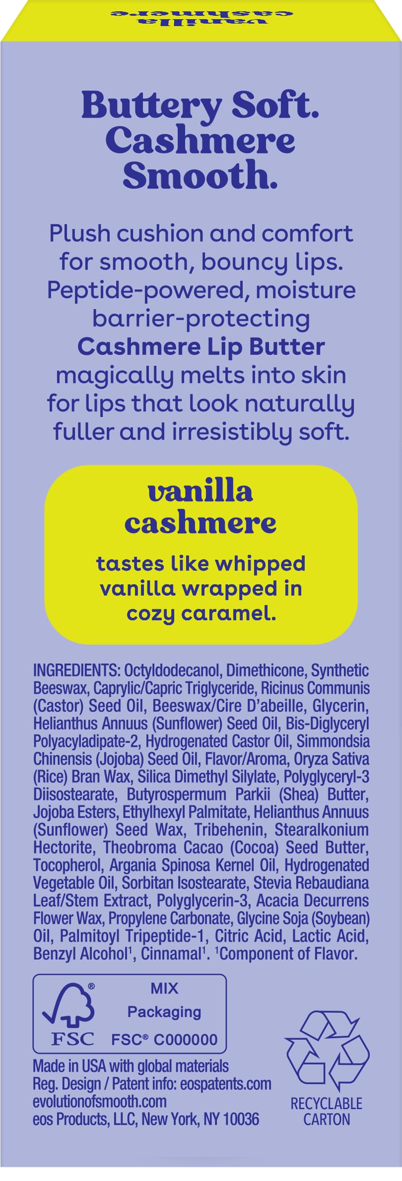 eos Vanilla Lip Butter - Plumping Peptides, Smoothing Formula, Shea Butter, Lip Mask, Lip Moisturizer, Soft Lips, 0.35 fl oz