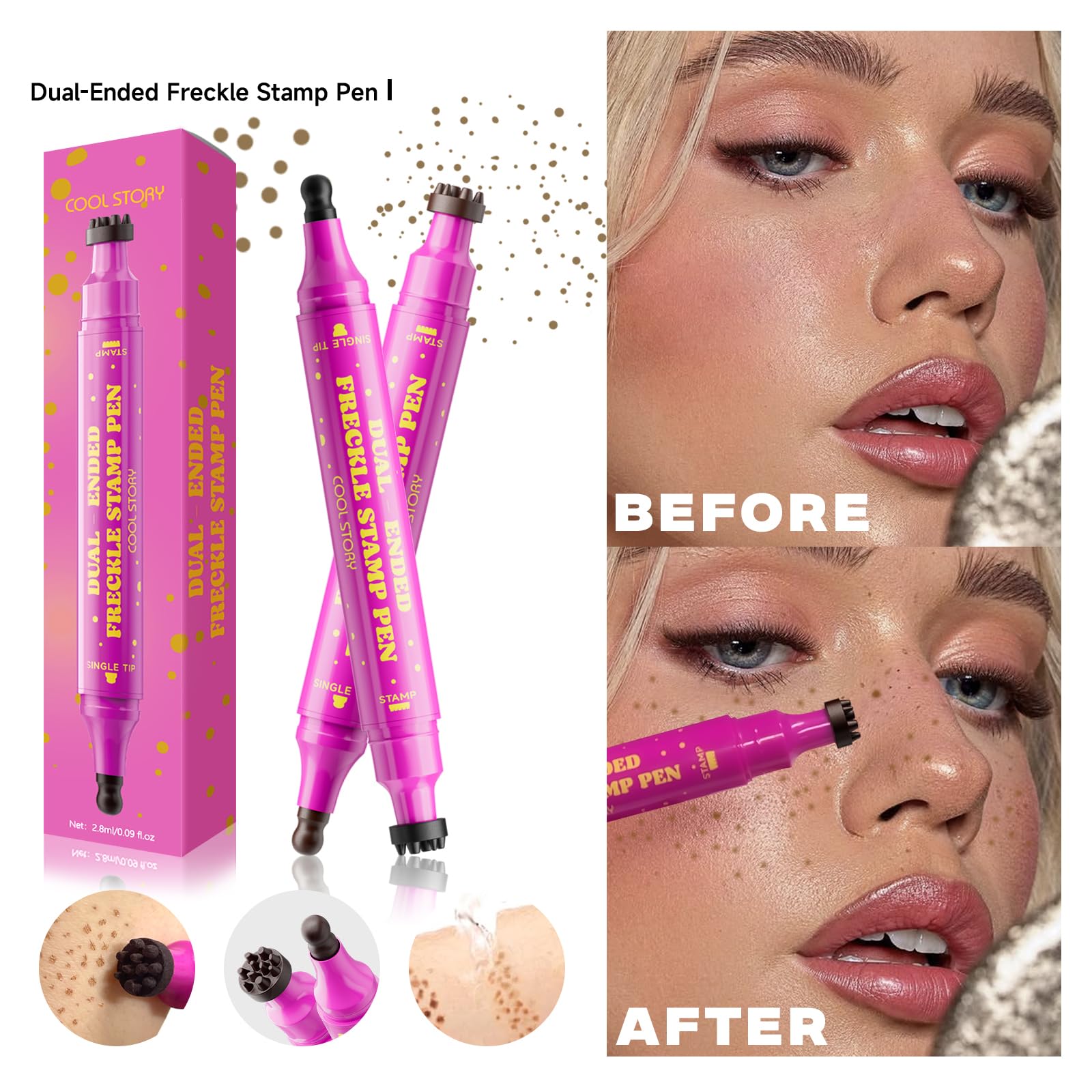 Beauty Glazed Dual-Ended Freckle Stamp Pen – Realistic Faux Freckles Makeup with Soft Sponge Stamp & Precision Tip – Waterproof Long-Lasting Freckle Marker for Natural or Bold Looks (02 Mousy Brown)