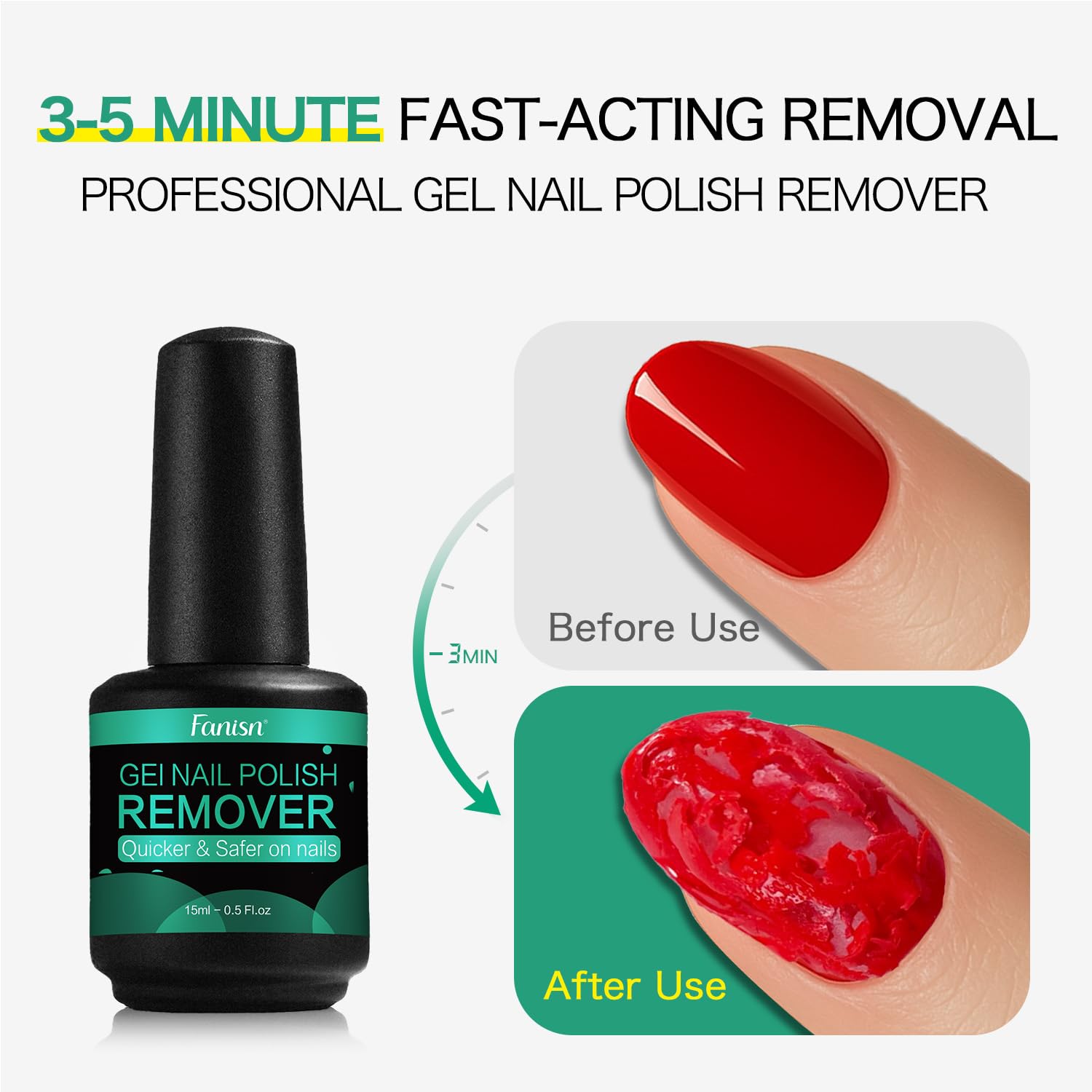 FANISN Gel Nail Polish Remover with Tools, 15ml (0.5 fl oz) - Acetone-Free, Quick Removal in 2-5 min, No Foil Soaking Needed, Safe for Natural Nails，Home DIY Use