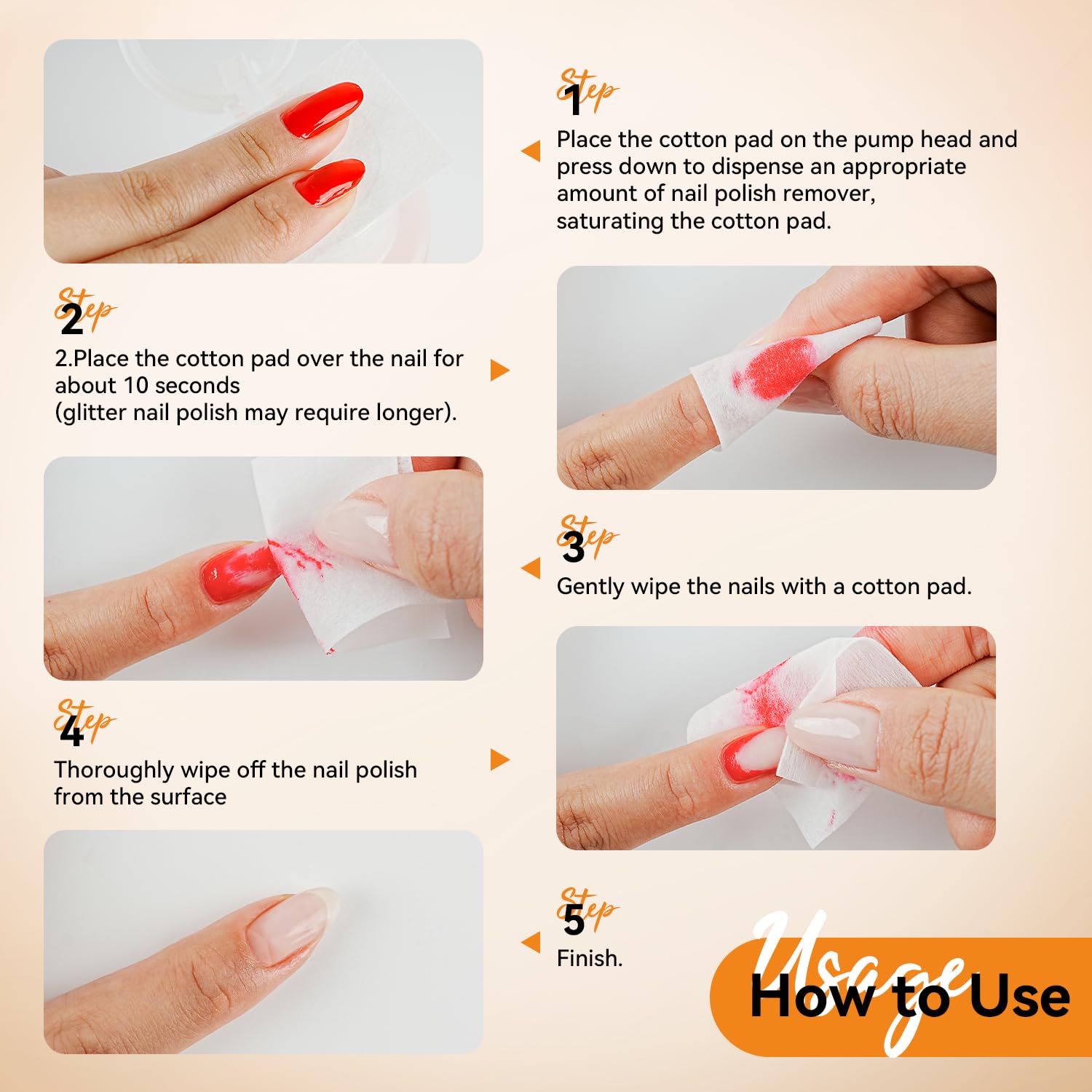 JODSONE Non-Acetone Nail Polish Remover, 6.09 Fl.Oz Orange Scent Nail Polish Remover,Gentle & Nail-friendly with Vitamin E & Aloe,Push-down Pump,Easy Daily Removal for Regular Nail Polish