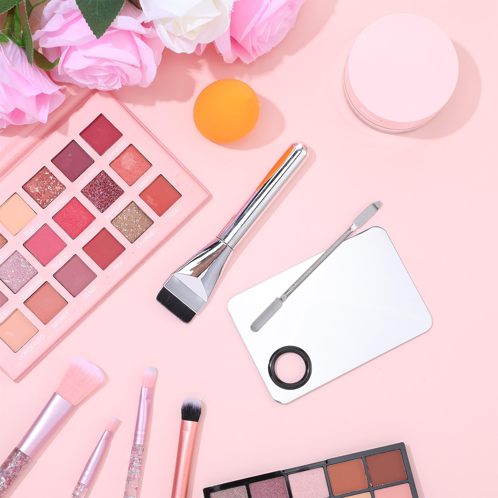 Ouligay 3 Pcs Make Up Spatula Tool Including Makeup Mixing Palette,Foundation Spatula,Makeup Palette Tray,Makeup Accessories Set for Women Girl Korean Makeup Cosmetic Spatula Tool(Metal)