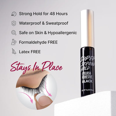 i•ENVY Super Strong Hold Eyelash Adhesive, Waterproof, 48-Hour Long-Lasting Lash Glue, Latex-Free, Hypoallergenic, Quick-Drying with Brush-On Applicator for Strip Lashes (Black, 1 Pack)