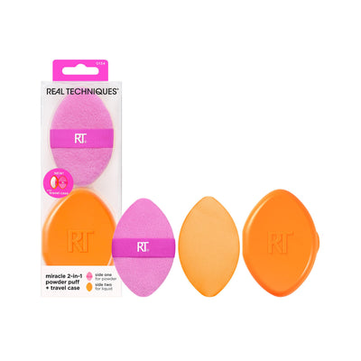 Real Techniques Miracle 2-In-1 Powder Puff + Travel Case, Dual-Sided Makeup Blending Puff, Elastic Band, Precision Makeup Sponge & Powder Puff, For Liquid, Cream & Powders, Travel Case, 2 Count