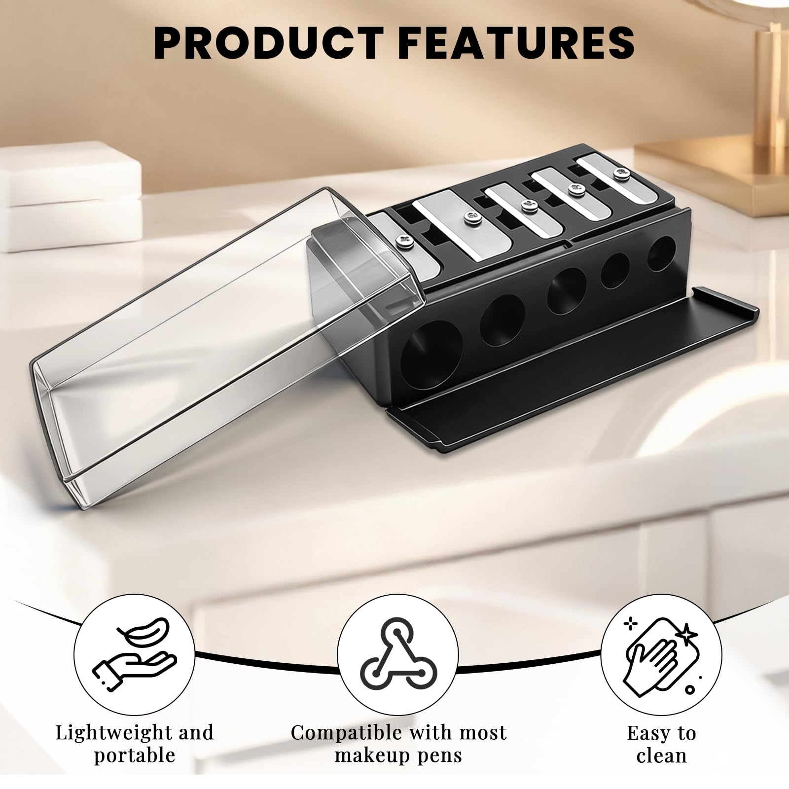 2 PCS Eyeliner Pencil Sharpener, 5 Hole Long Point Lip Liner Sharpener with Plastic Lid, Makeup Pencil Sharpener for Eyeliner, Lip Liner & Highlighter
