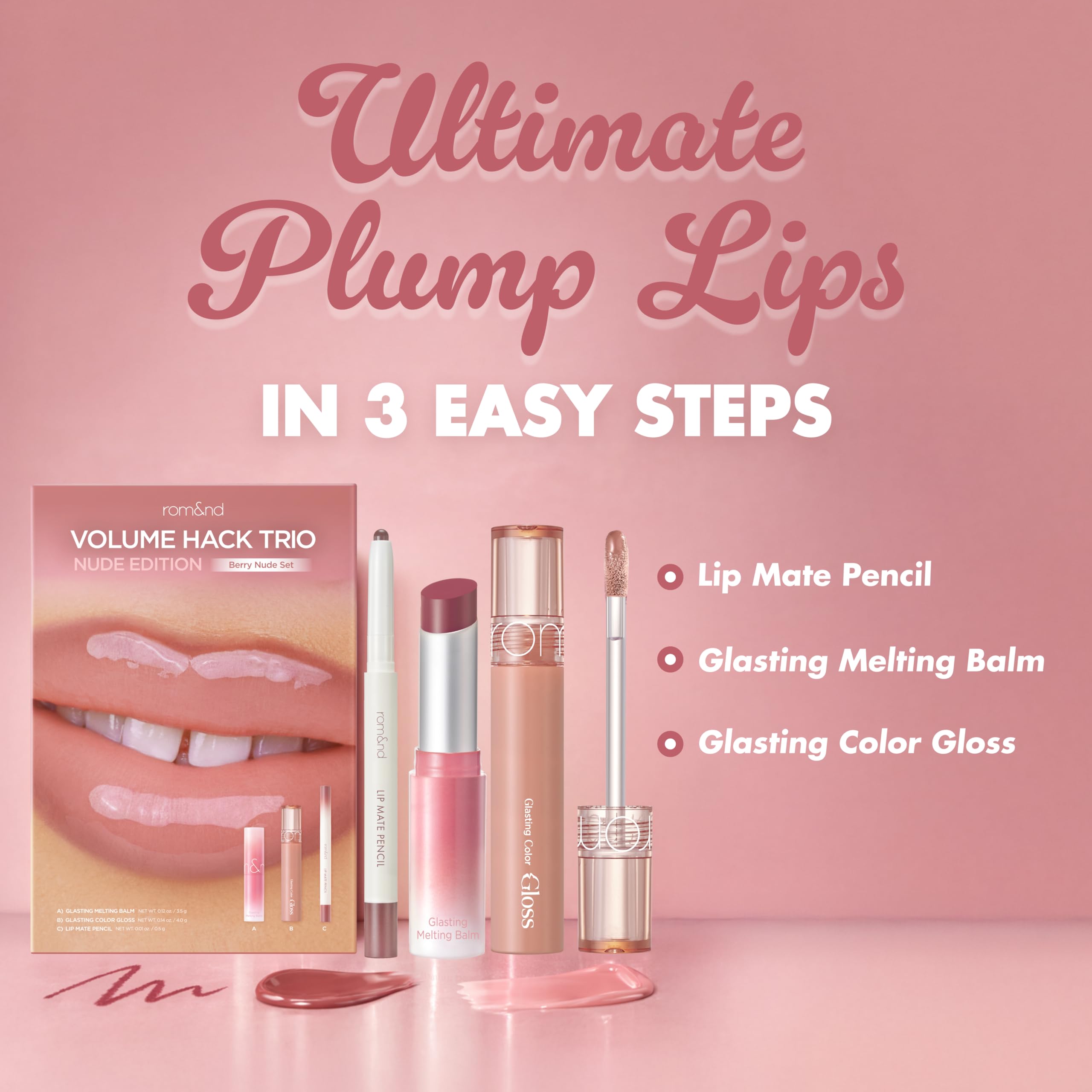 rom&nd Volume Hack Trio Berry Nude Set | 3-Step Plumping Lip Kit for Defined, High-Shine Lips | TikTok Viral Cool-Tone Gradient
