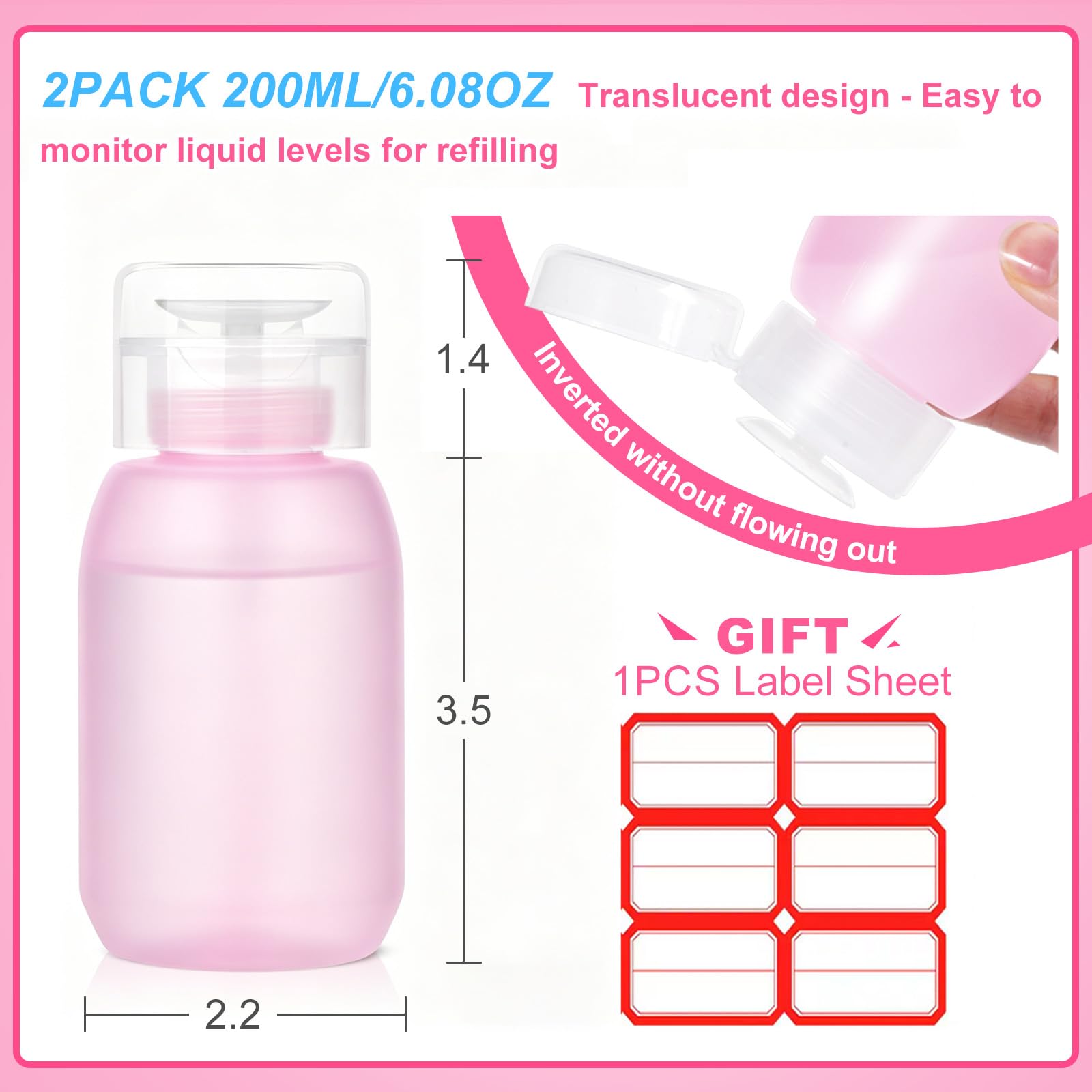 MEKK Acetone Pump Dispenser,Push Down Pump Dispenser Empty Alcohol Dispenser Push Down Nail Polish Remover Pump One-Touch Pump Bottle Dispenser for Nail Polish & Makeup Remover 2 Pack 200ML(6.8oz)