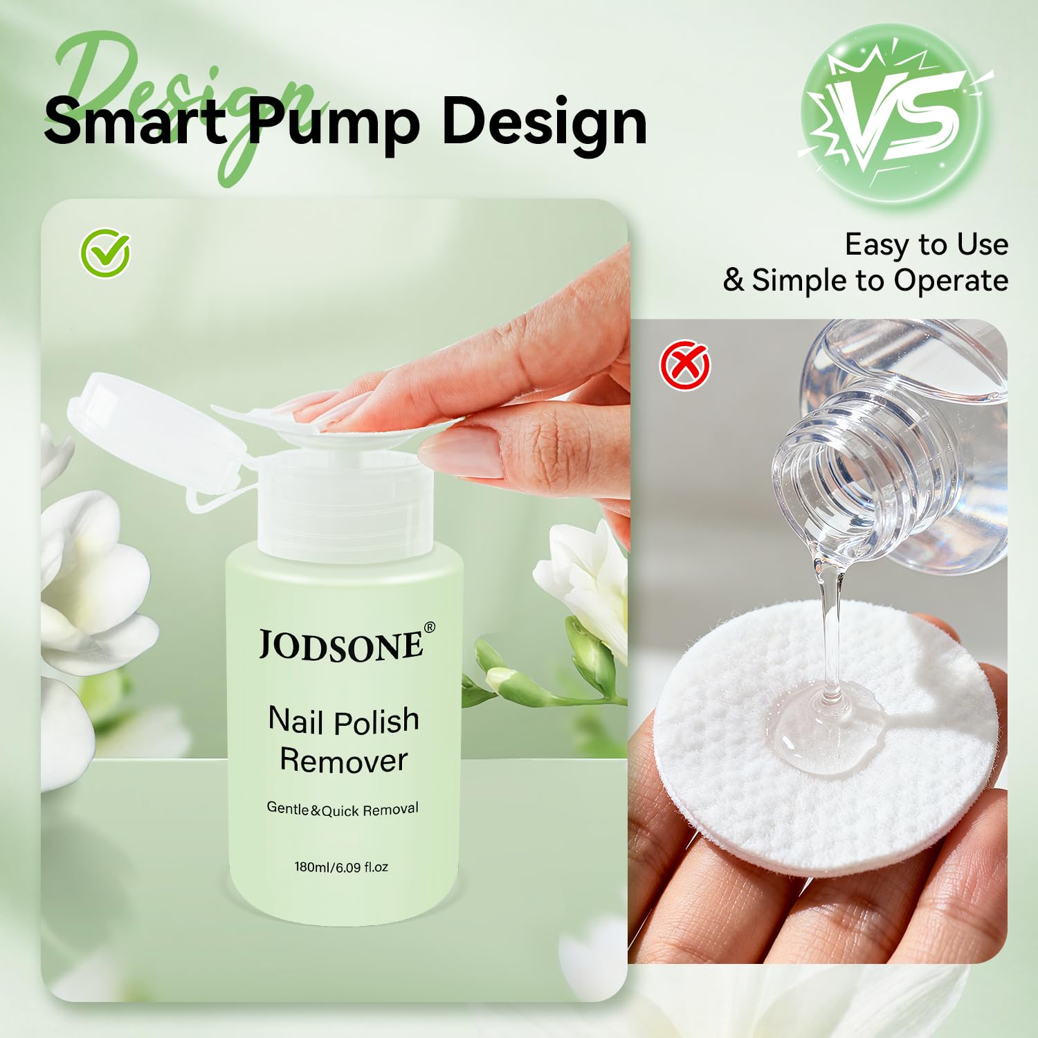 JODSONE Nail Polish Remover, 6.09 Fl.Oz Jasmine Scent Non-Acetone Nail Polish Remover,Gentle & Nail-friendly with Vitamin E & Aloe,Push-down Pump,Easy Daily Removal for Regular Nail Polish