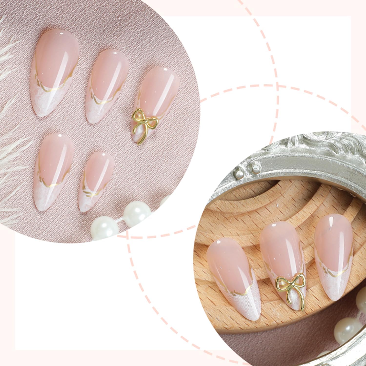 24Pcs French Press on Nails Almond Fake Nails Tip with 3D Gold Bow Lines Design White French Nails Exquisite Cute Bows False Nails Artificial Nails Acrylic Stick on Nail for Women Manicure Decoration