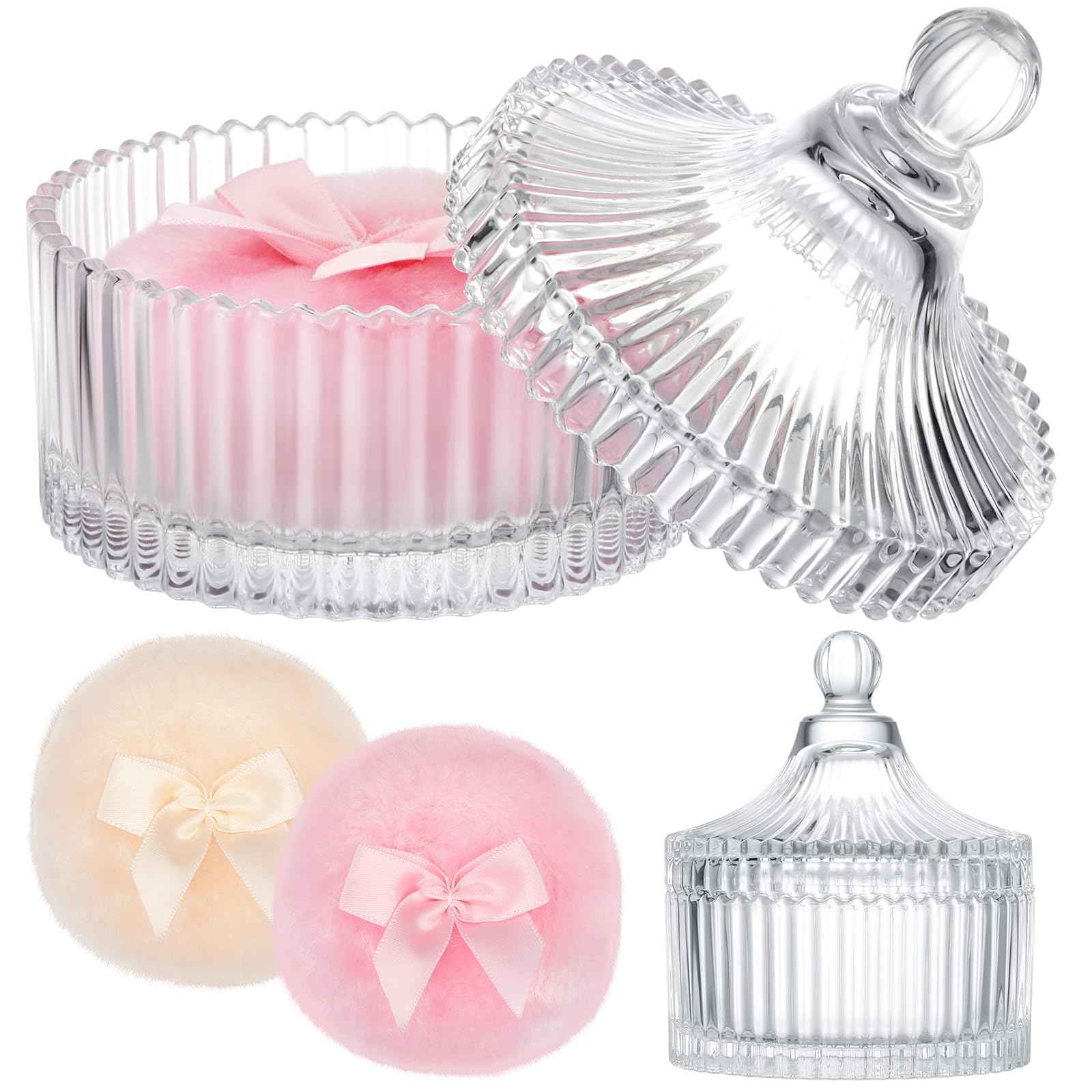 Tioncy 3 Pcs Large Body Powder Puff and Container Valentine's Day gift Powder Container with Puff Crystal Case Soft Washable Reusable Velour Face Body Glitter Wet Dry Makeup (Classic,Clear)