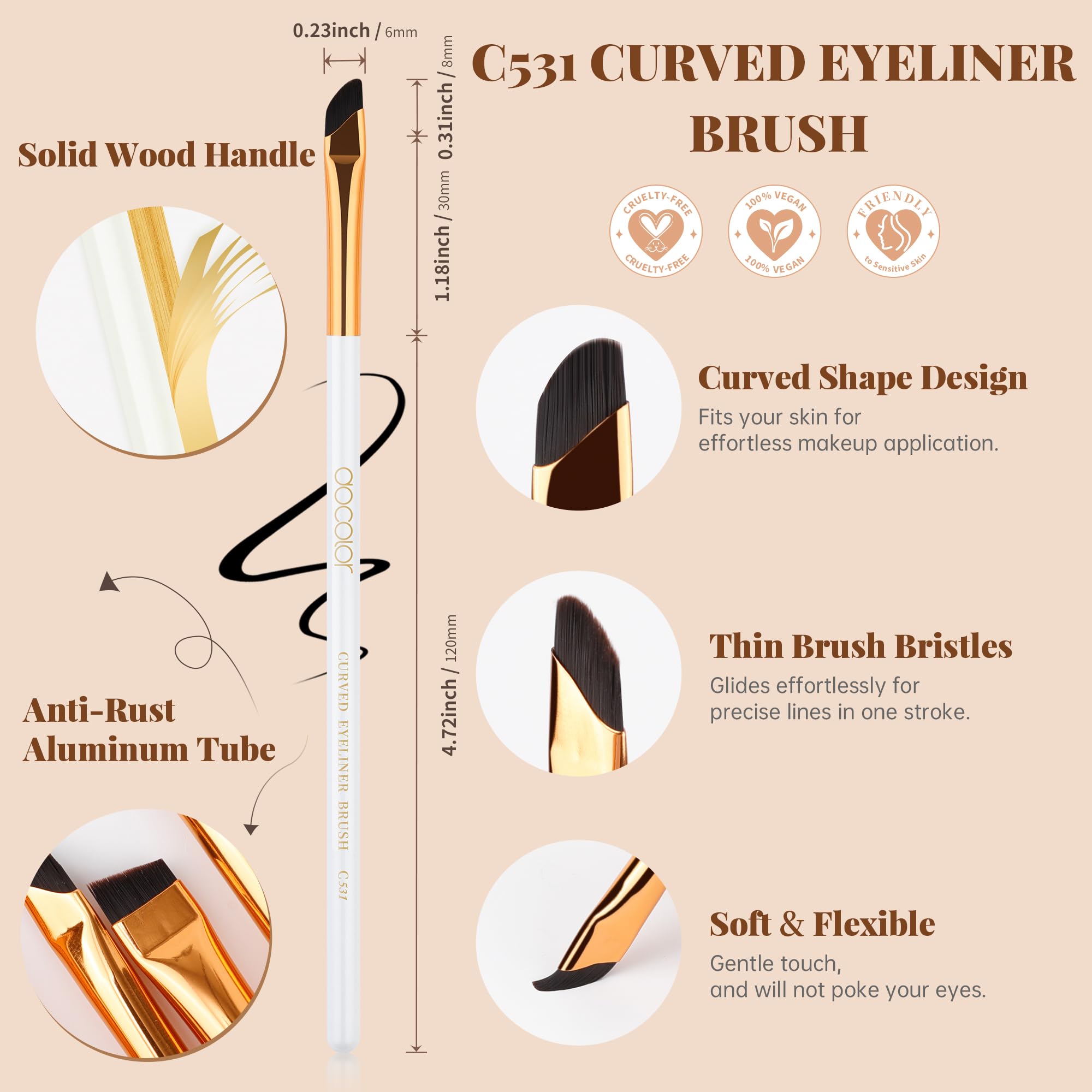 docolor 5Pcs Eyeliner Brush Set – Angled Eyeliner Brush, Ultra Thin Fine Point & Flat Slanted Brushes, Wooden Handle Premium Cruelty Free Synthetic Bristles for Gel, Powder, Cream Eye Makeup