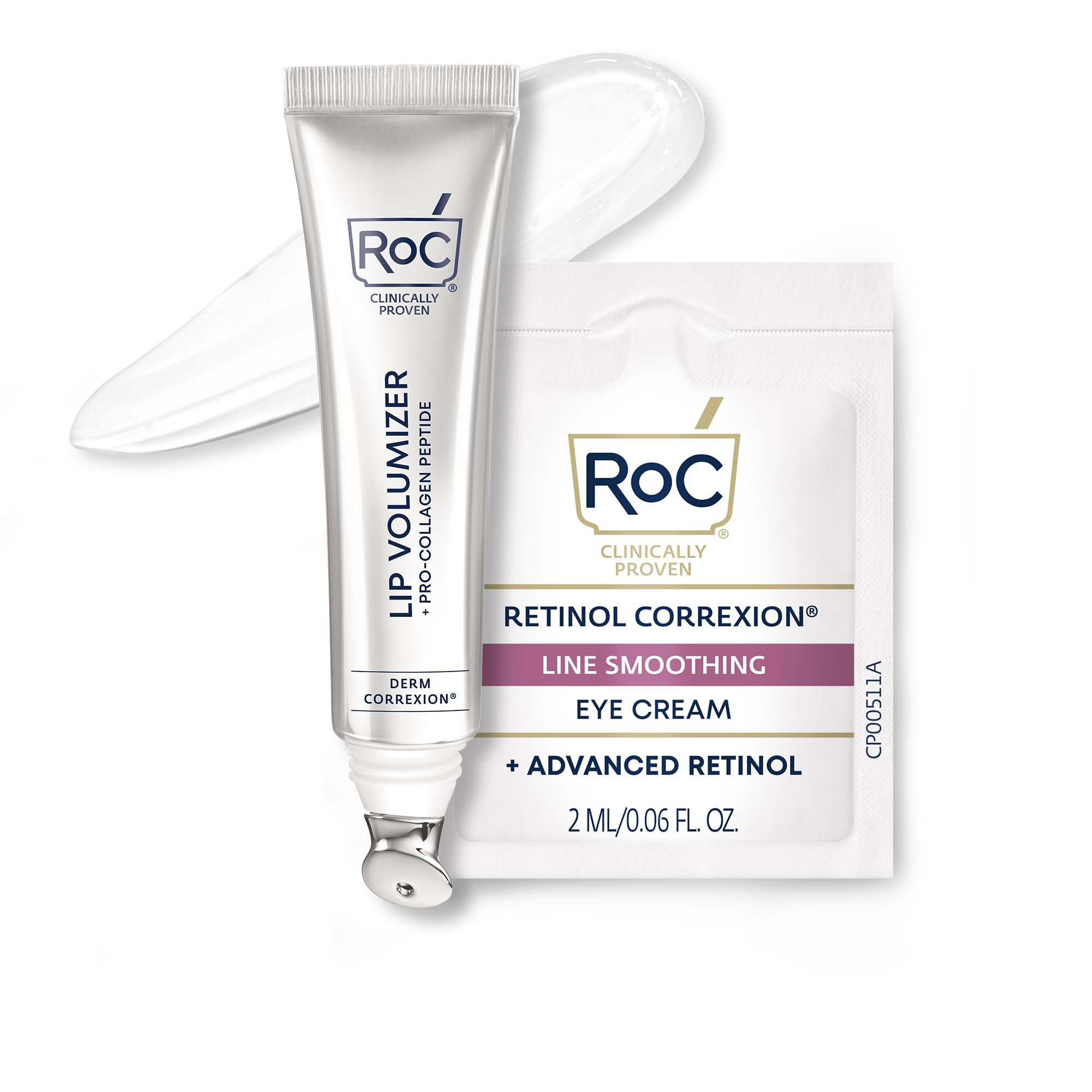 RoC Derm Correxion Lip Volumizer - Lip Plumper Peptide Treatment with Hyaluronic Acid & Vitamin E + Line Smoothing Eye Cream Packette