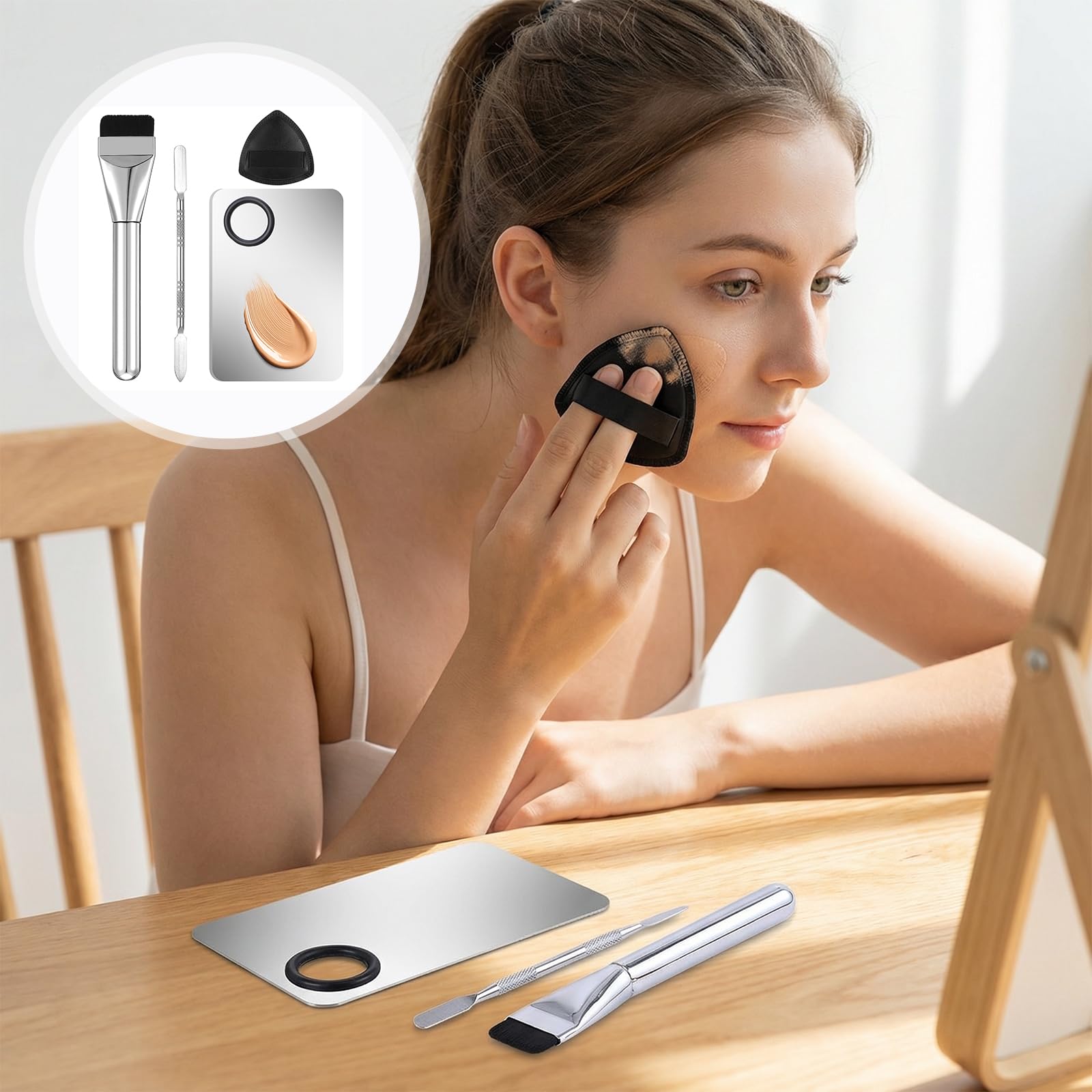 HJZHII 4 Pcs Makeup Foundation Mixing Palette Set, Including Makeup Mixing Palette, Double-Ended Spatula, MakeupPuff, Brush, Professional MakeupMixing PaletteSet Makeups PaletteTray (Stainless Steel)