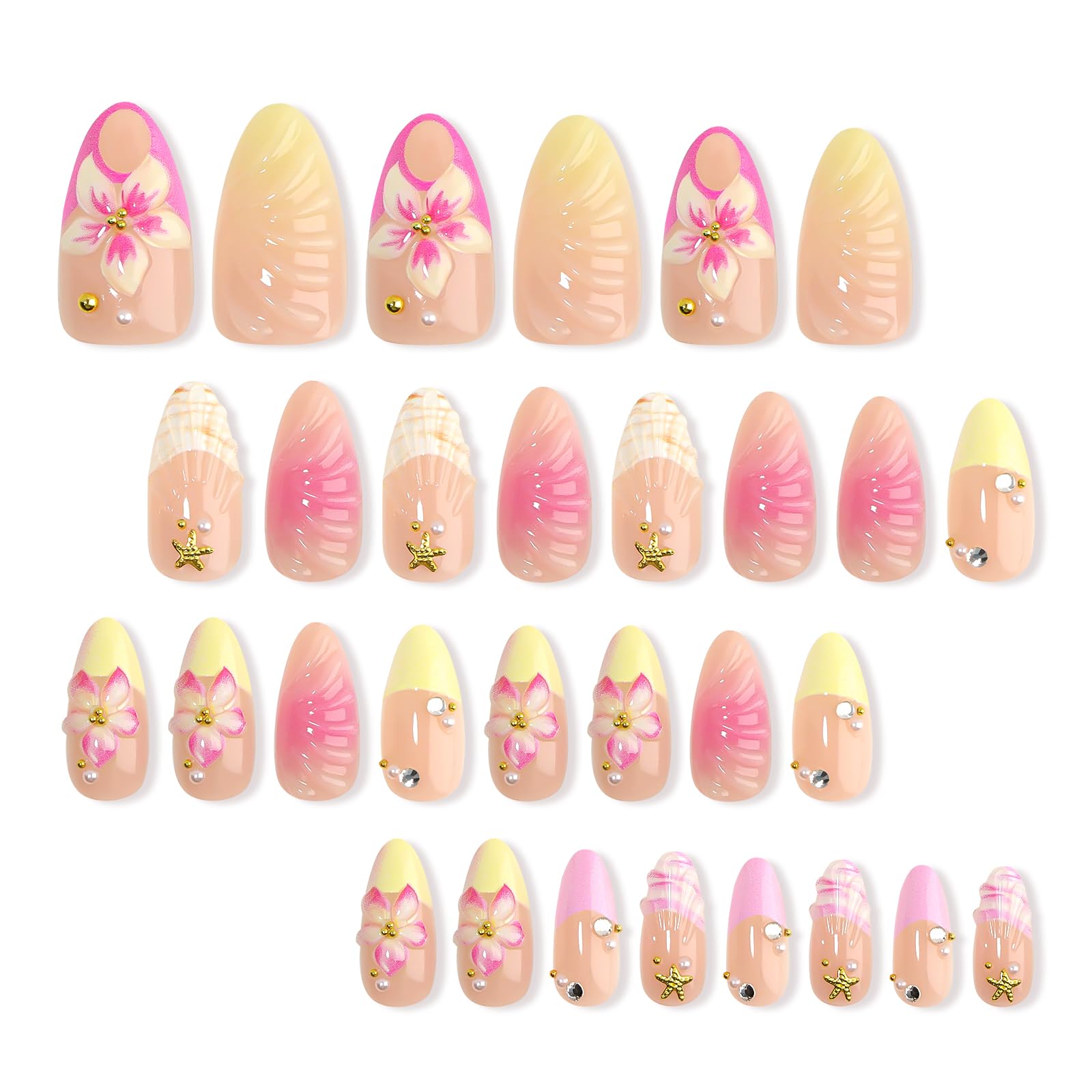 HOSAILY Pink Press on Nails Short Almond Milky Butter Yellow French Tip Pink Ombre 3D Flower Gold Starfish Rhinestone Gold Beads Beach Vacation Glossy Handmade Summer Cute Nails for Women(30Pcs)
