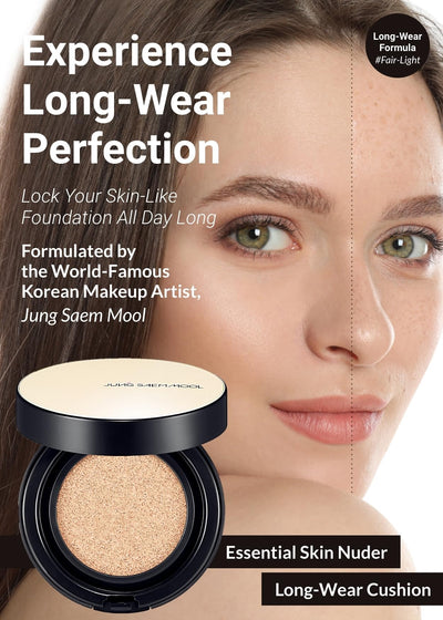 JUNG SAEM MOOL Essential Skin Nuder Longwear Cushion 0.98 Fl Oz, Refill Included, 24H Lasting Cushion Foundation with High Coverage, Semi-Matte Natural Finish, Korean Foundation Makeup (Fair Light)