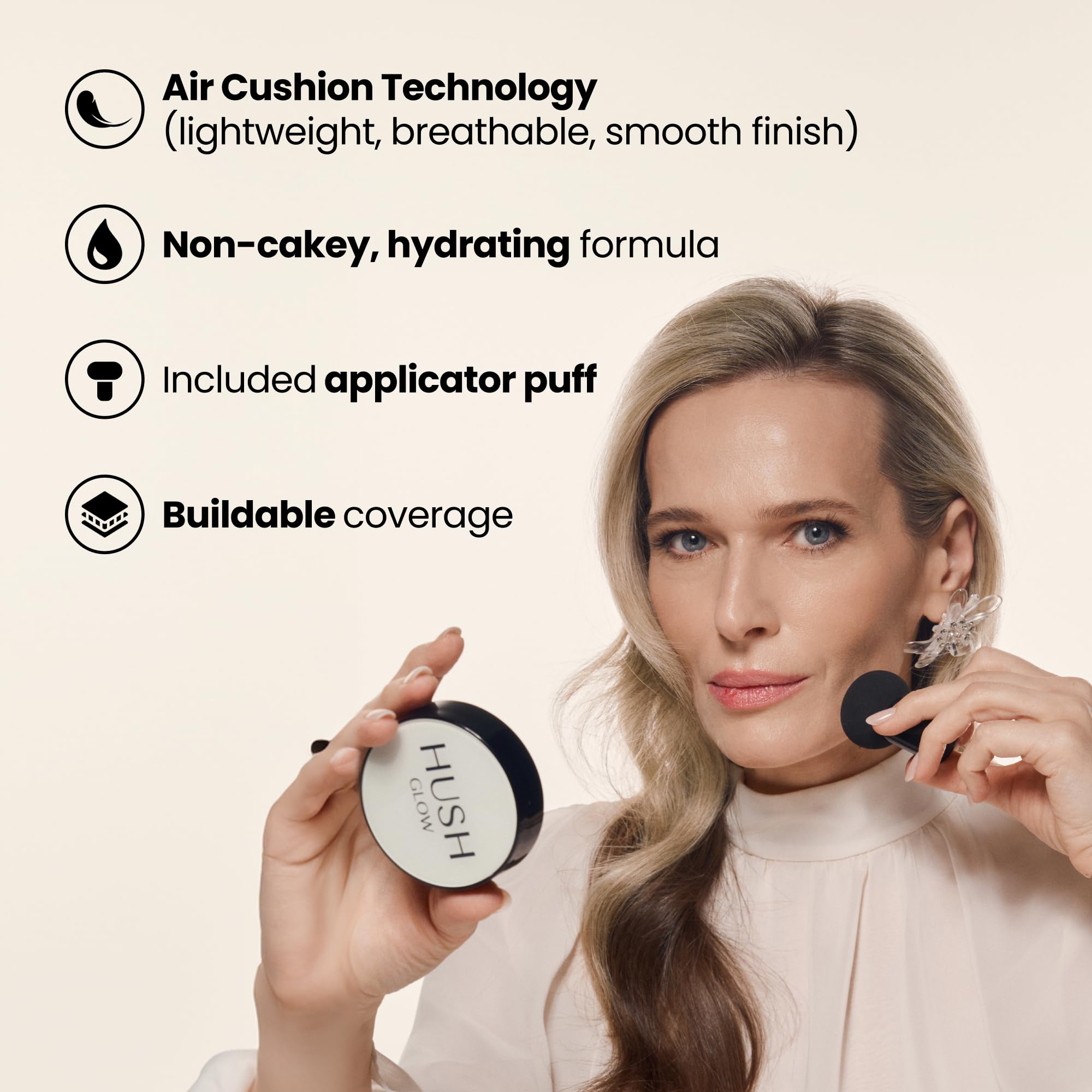 Hush Glow™ Foundation Cushion SPF 30 – Skincare-Infused Lightweight Foundation with Mushroom Applicator for Mature Skin, Hyaluronic Acid & Peptides, Buildable Natural Coverage (Ivory)