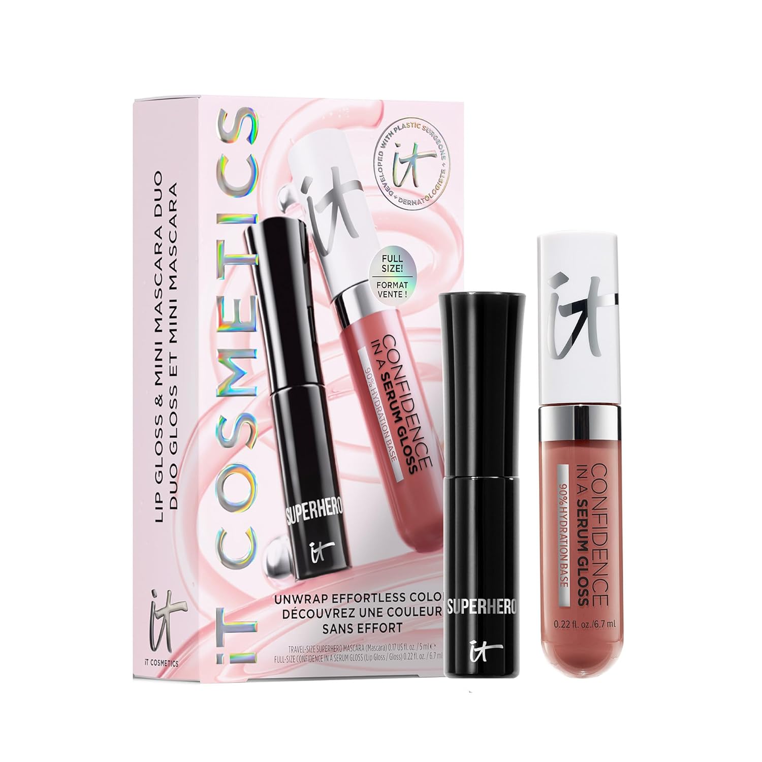 IT Cosmetics Unwrap Effortless Color Mascara & Lip Gloss Makeup Set, 2-Pc Holiday Giftset for Her - Confidence in a Serum Hydrating Lipgloss (Full Size) & Superhero Volumizing & Lengthening Mascara