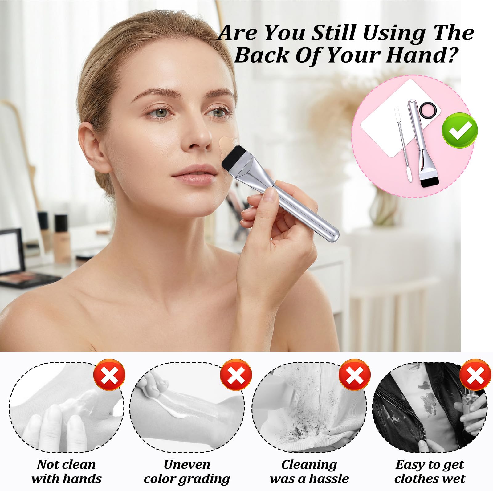 HJZHII 4 Pcs Makeup Foundation Mixing Palette Set, Including Makeup Mixing Palette, Double-Ended Spatula, MakeupPuff, Brush, Professional MakeupMixing PaletteSet Makeups PaletteTray (Stainless Steel)