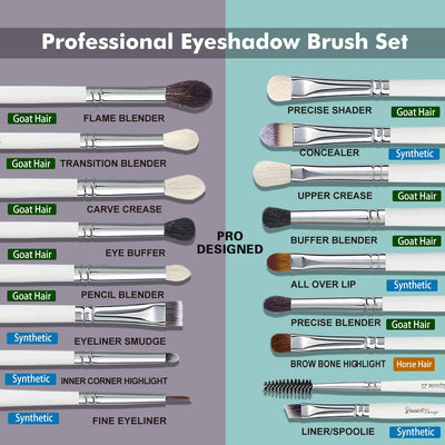 Bueart Design 16Pcs Essentials Pro Grade Makeup Brush Set For Eye Eyeshadow Blending,Brows,Liner, With Natural Hair, Premium Goat and Pony Hair