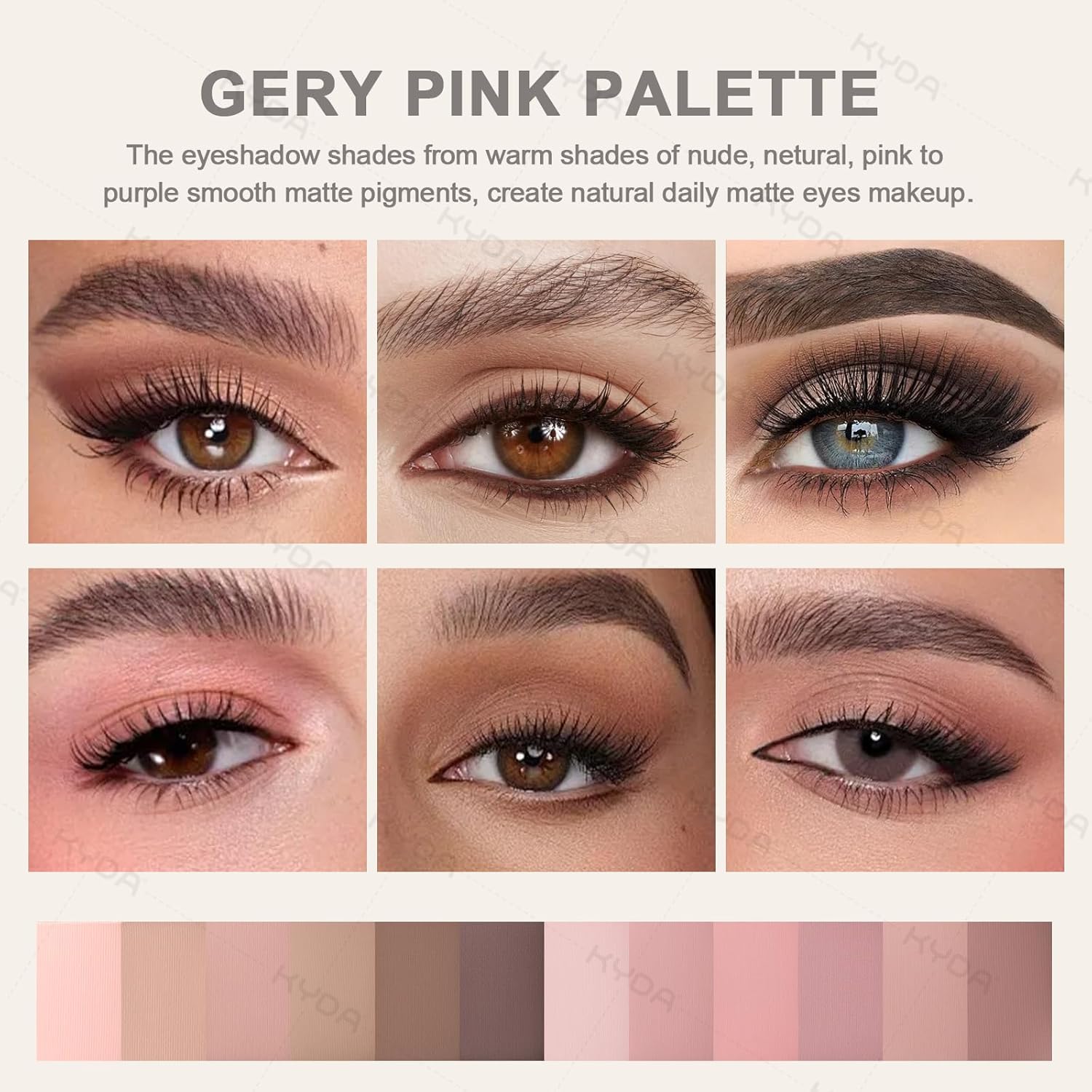 KYDA 12 Colors Grey Pink Eyeshadow Palette with Brush, High Pigment Matte Shimmer Pink Brown Eye Shadow, Netural Brown Eyes Palette for Women, Soft Blendable Powder Eyeshadow, Korean Eyes Makeup