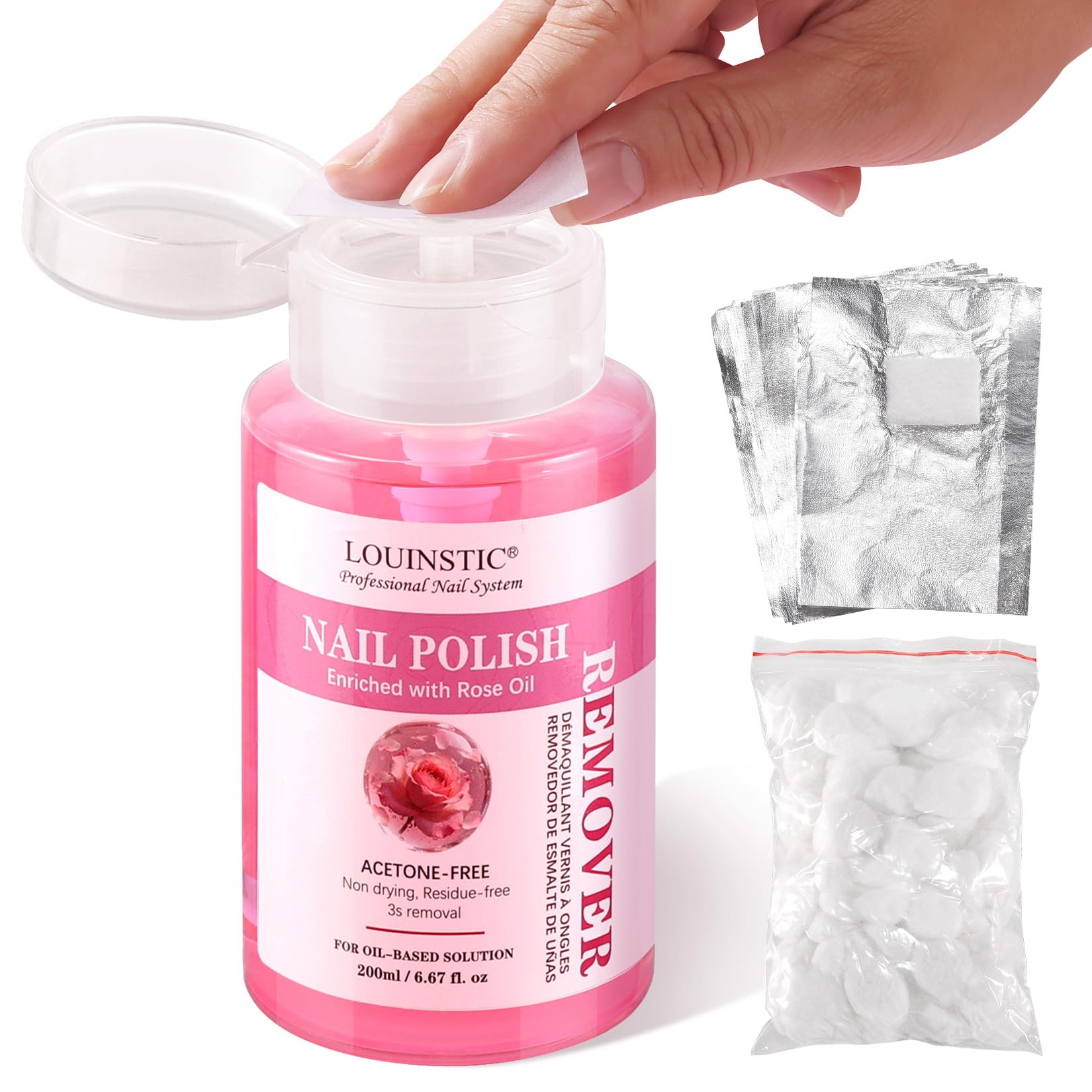 Professional Nail Polish Remover – Press Pump, Easily Removes Nail Polish in 3-15s, Gentle Nourishment Formula, Rose Oil Soak Off Gel Nail Remover Kit, with Foil Wraps & Cotton Balls, 6.8 Fl Oz
