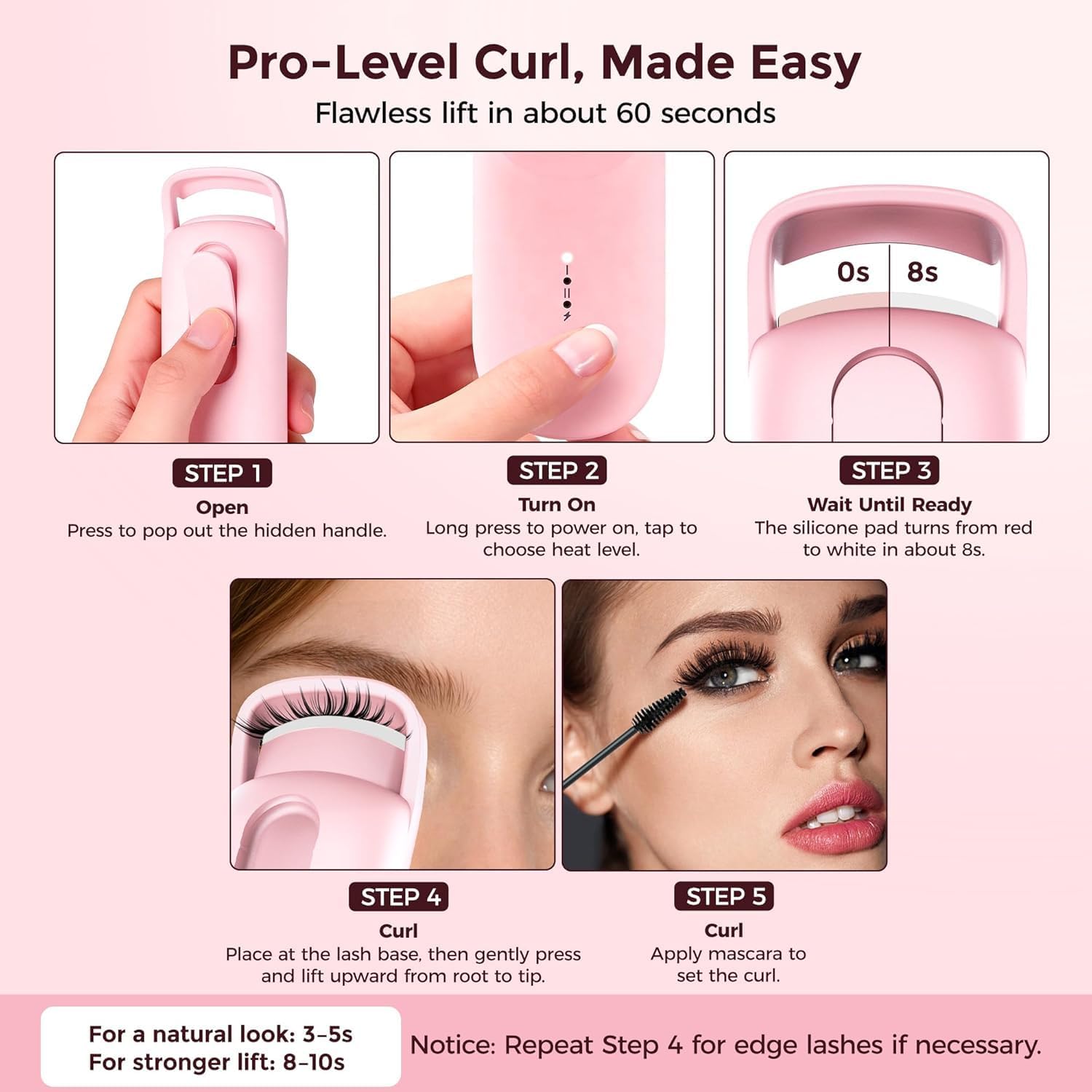 Heated Eyelash Curler, Anti-Burn Safe Heat with Upgraded Liquid Silicone Pad, 24H Natural C-Curl, 2 Heat Levels, 8s Fast Heat-Up, USB-C Rechargeable, Wide-Arch for Fine, Thick & Hard-to-Curl Lashes
