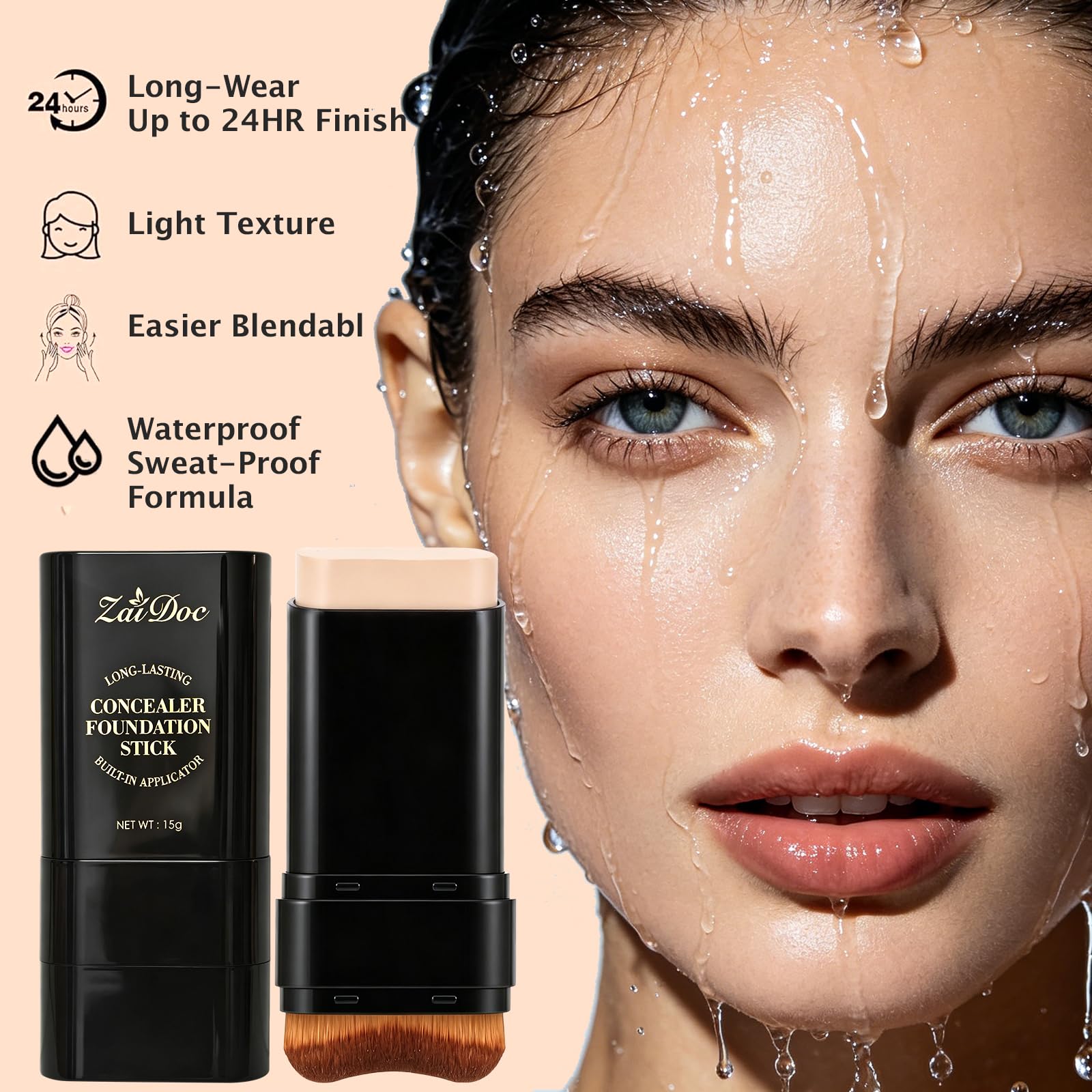 Zaidoc Foundation Stick, Dual-Ended with Brush, 2-in-1 Longwear & Waterproof, Natural Full Makeup Concealer Coverage for Dark Circles & Blemishes with Hydrating Olive & Camellia, 2.09 oz (04#)
