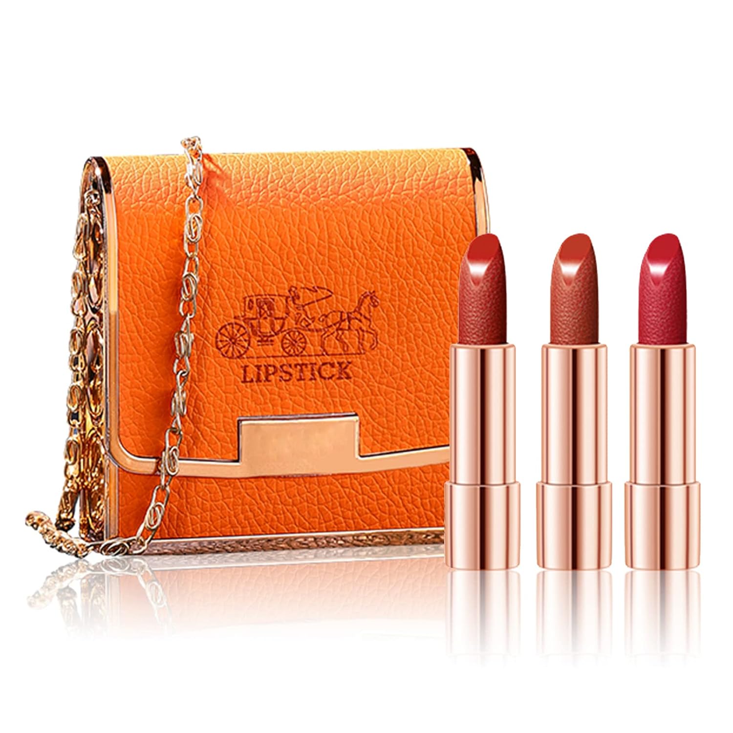 Newvenper 3 Colors Matte Lipstick Set Lip Stick with Orange Chain Bag Package Velvet Lip stick Set Waterproof Non-Stick Cup Long Lasting Retractable Red Lipstick Set 3.5gx3 Pcs