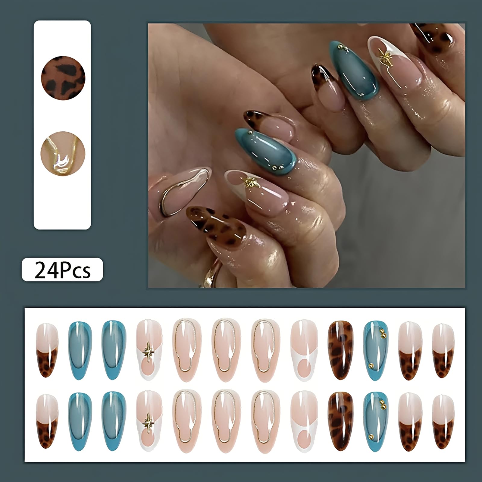 24Pcs Medium Almond Press on Nails French Tip Fake Nails with Brown Leopard Gold Line Design Glossy Reusable False Nail Artificial Acrylic Nails Press ons Holiday Stick on Nails for Women DIY Manicure