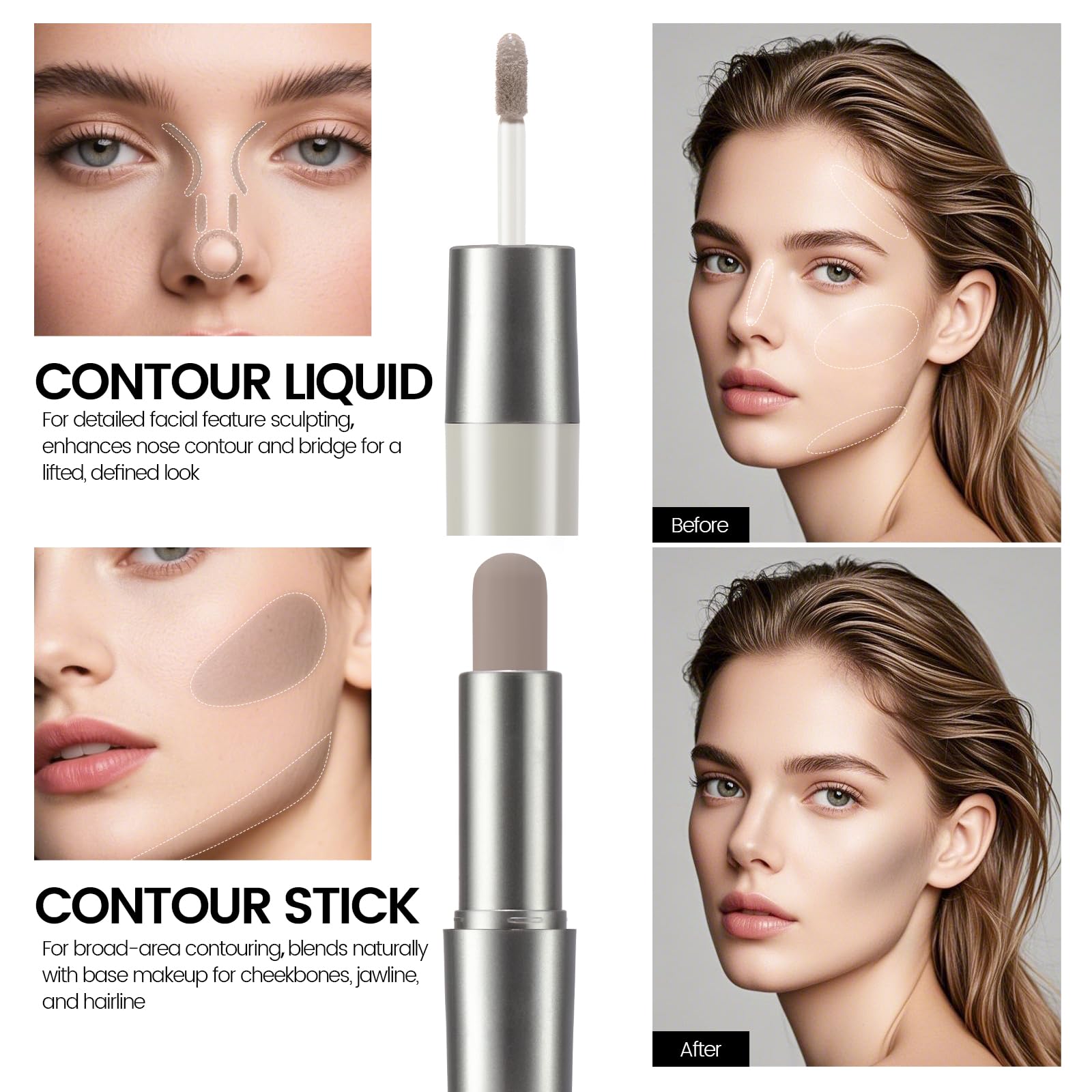 Noerrors Dual-Ended Cool Toned Cream Contour Stick, Liquid for Fair Pale Light Skin, Waterproof & Long Lasting Lightweight Blendable Easy Application, Matte Finish Grey Contour Face Makeup for Women