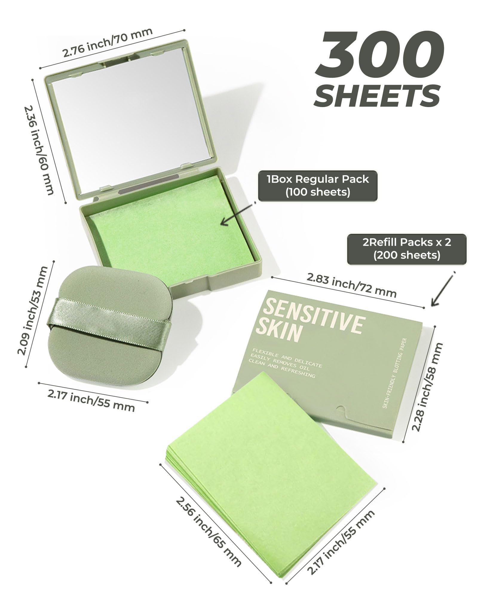 SUMEITANG 300 Oil Blotting Sheets for Face with Mirror & Puff Set | Oil Absorbing Sheets for Oily Skin | High-Performance Oil Control | Say Goodbye to Greasy | Summer Essentials for Women